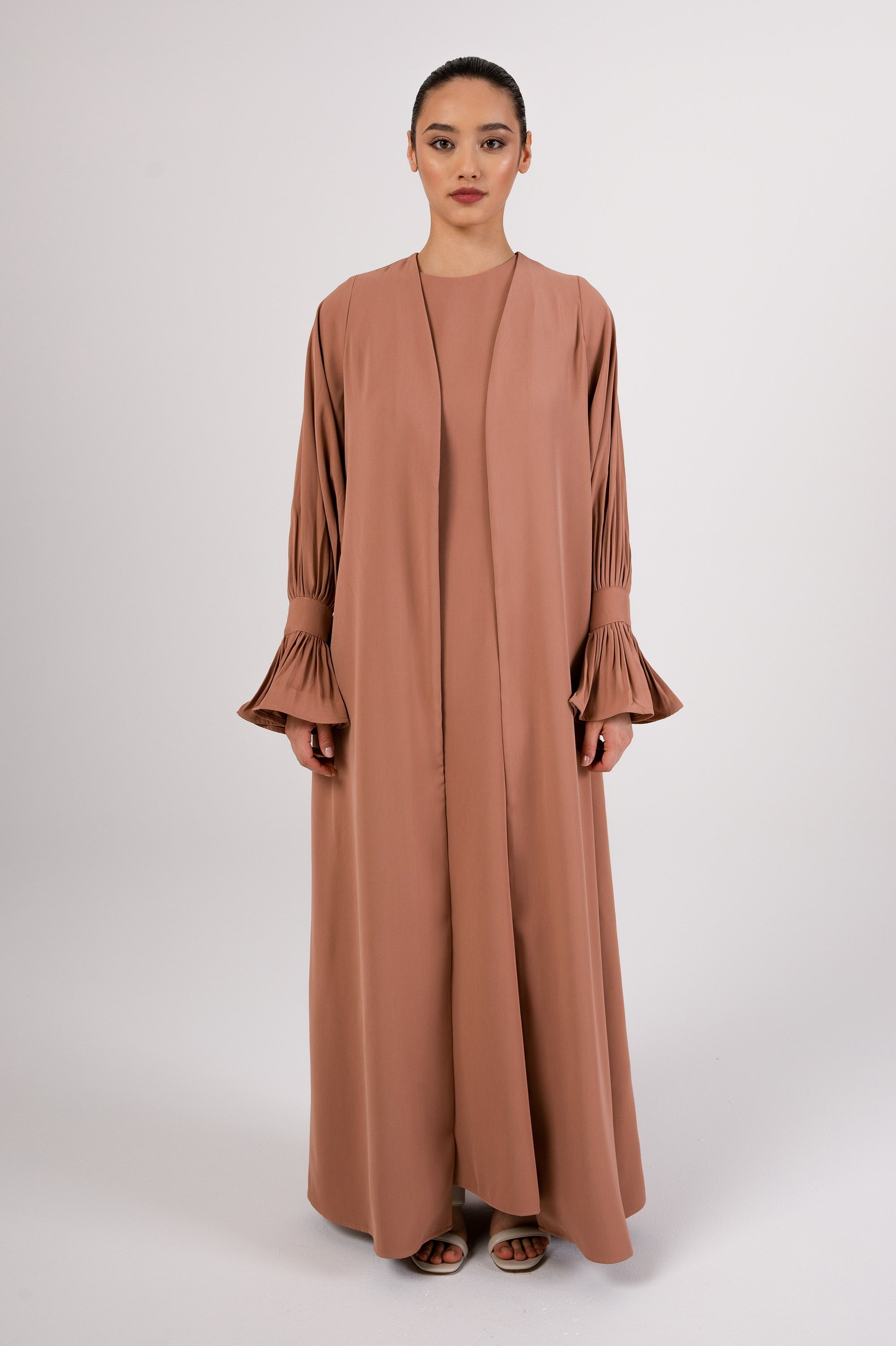 Jamila Cinched Sleeve Open Abaya and Dres Set - Desert Clay Abayas Veiled 