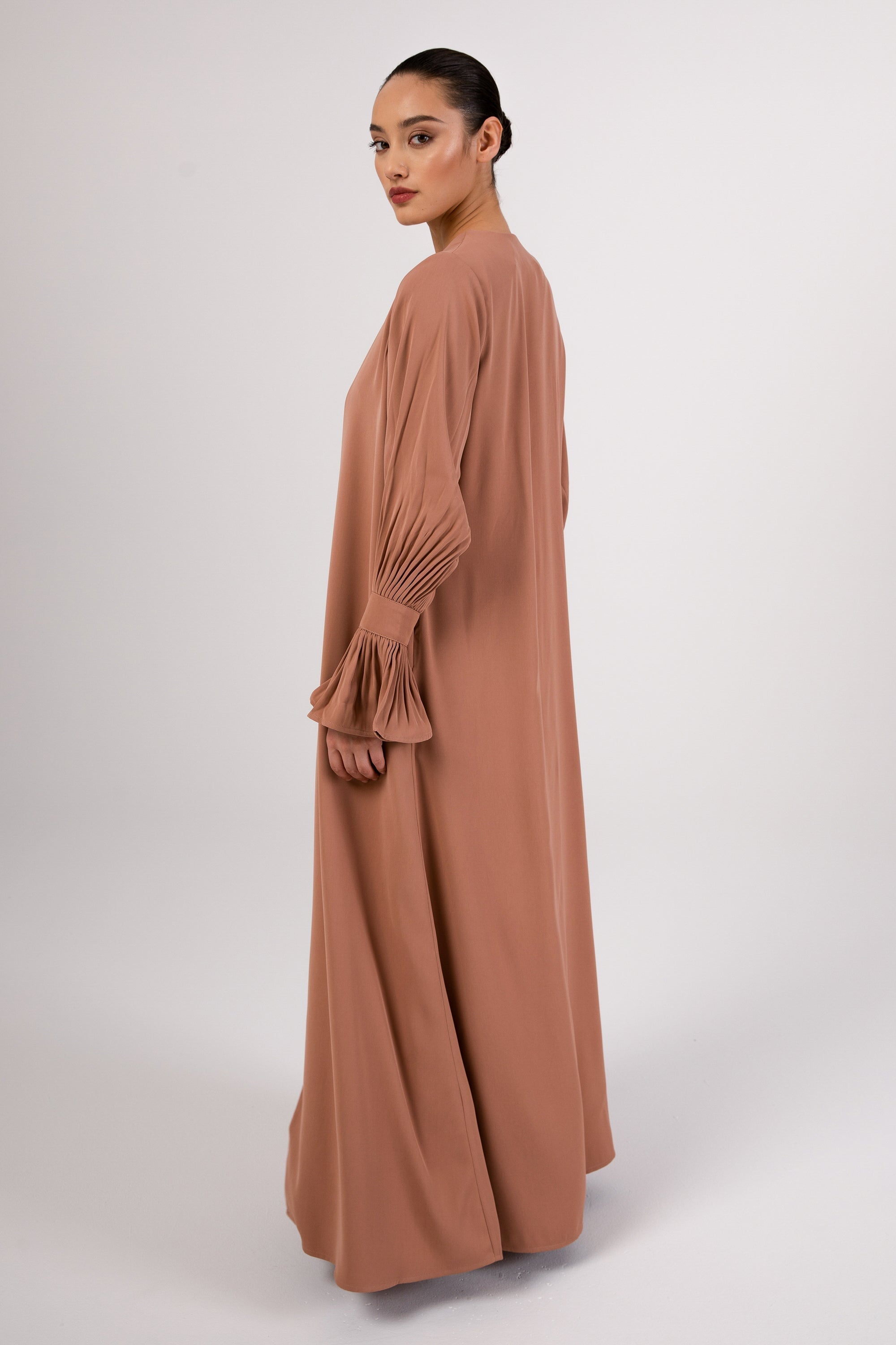 Jamila Cinched Sleeve Open Abaya and Dres Set - Desert Clay Abayas Veiled 