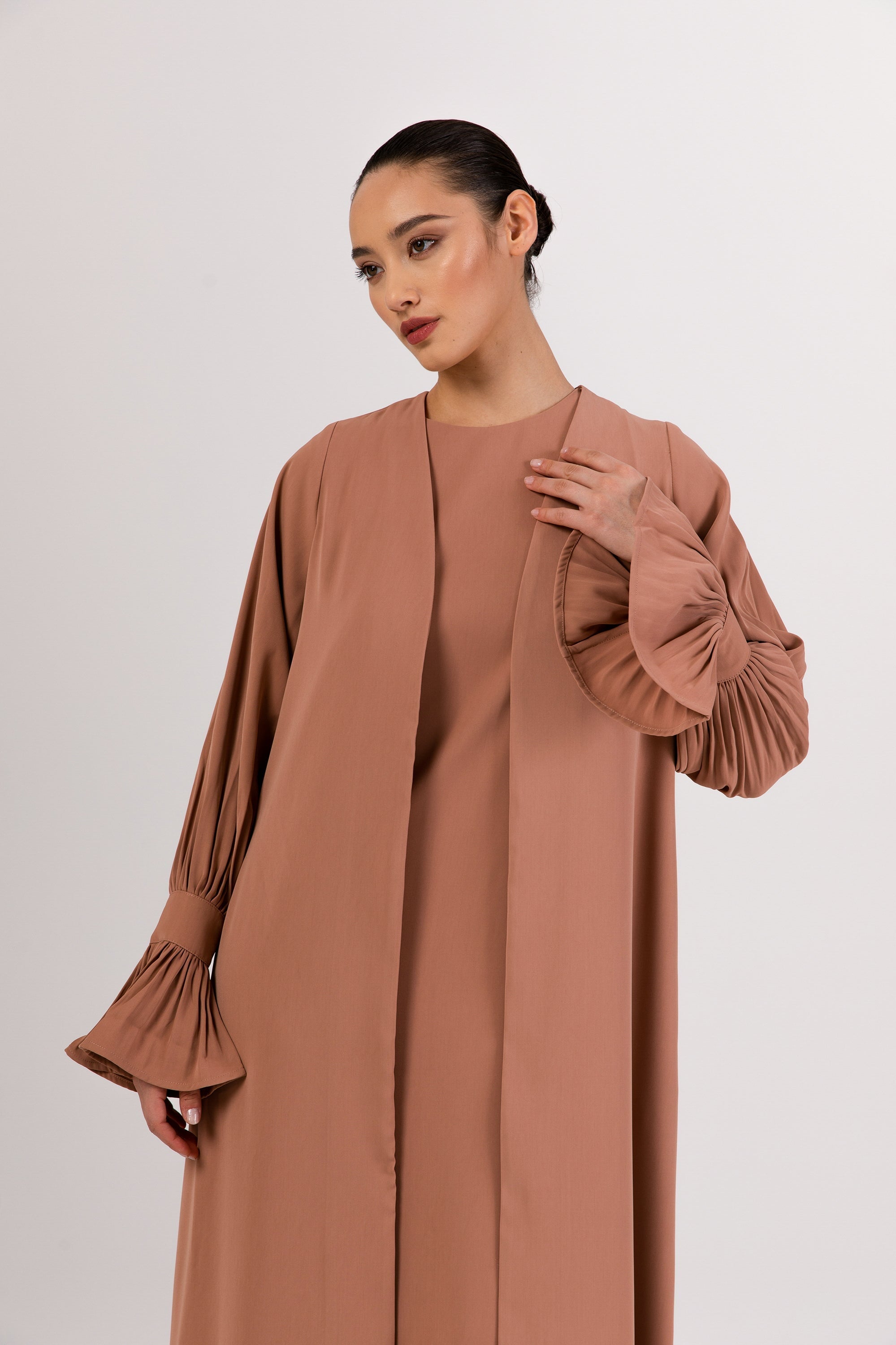 Jamila Cinched Sleeve Open Abaya and Dres Set - Desert Clay Abayas Veiled 