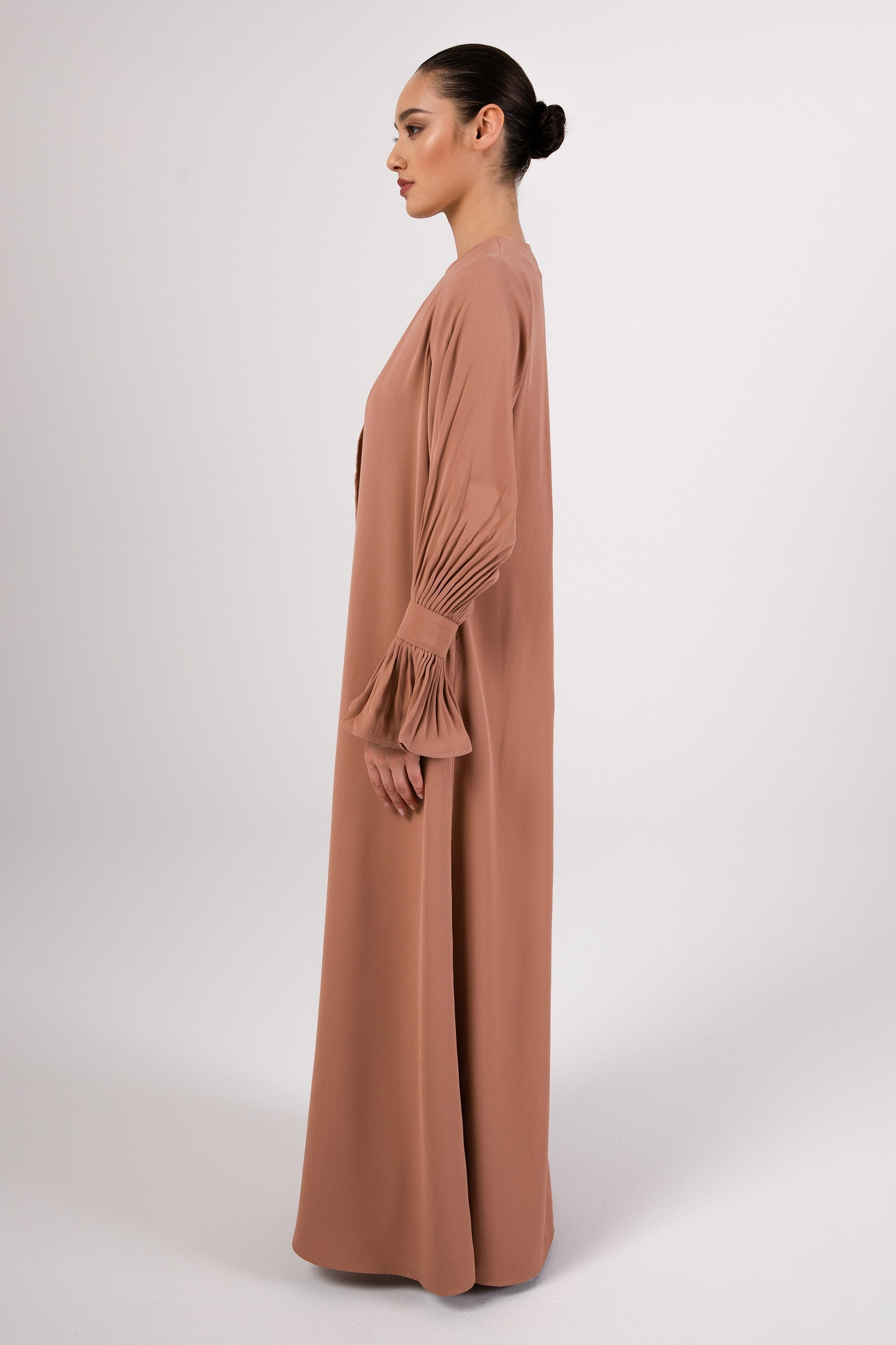 Jamila Cinched Sleeve Open Abaya and Dres Set - Desert Clay Abayas Veiled 