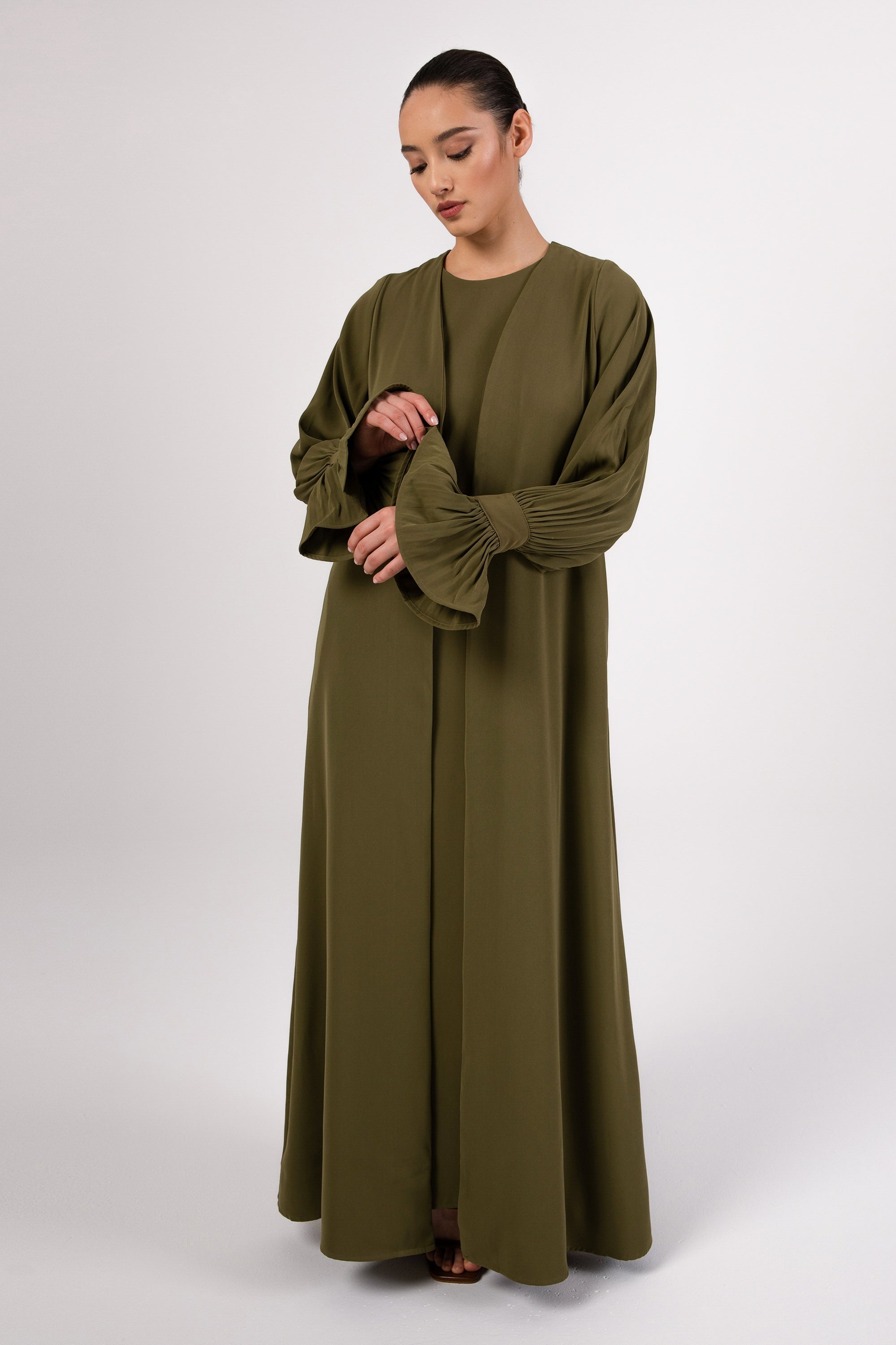 Jamila Cinched Sleeve Open Abaya and Dress Set - Avocado Abayas Veiled 