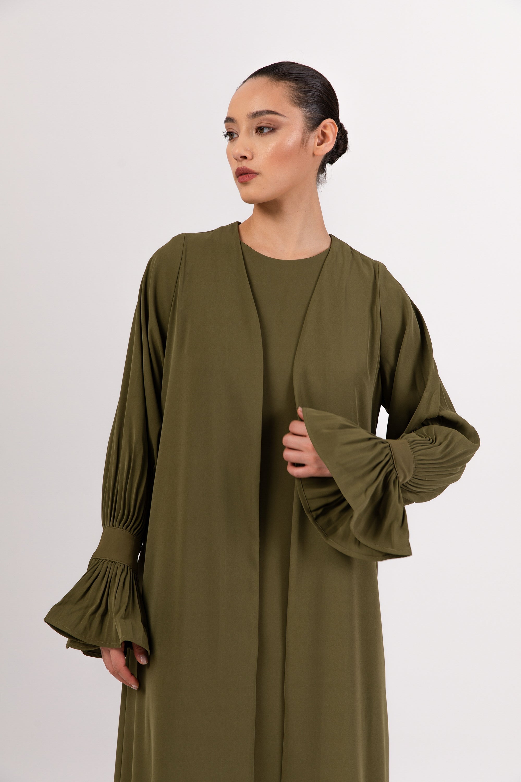 Jamila Cinched Sleeve Open Abaya and Dress Set - Avocado Abayas Veiled 