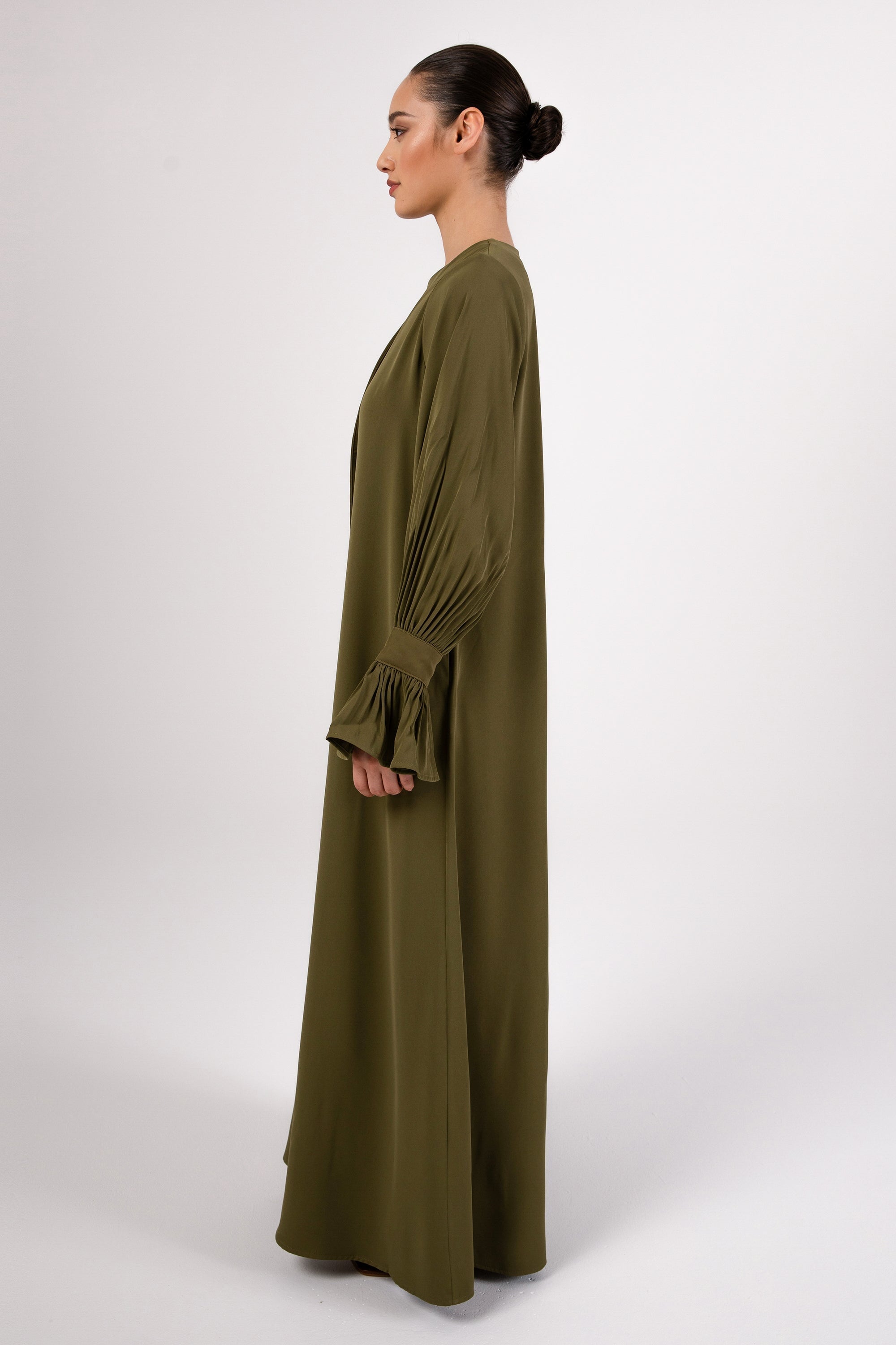 Jamila Cinched Sleeve Open Abaya and Dress Set - Avocado Abayas Veiled 