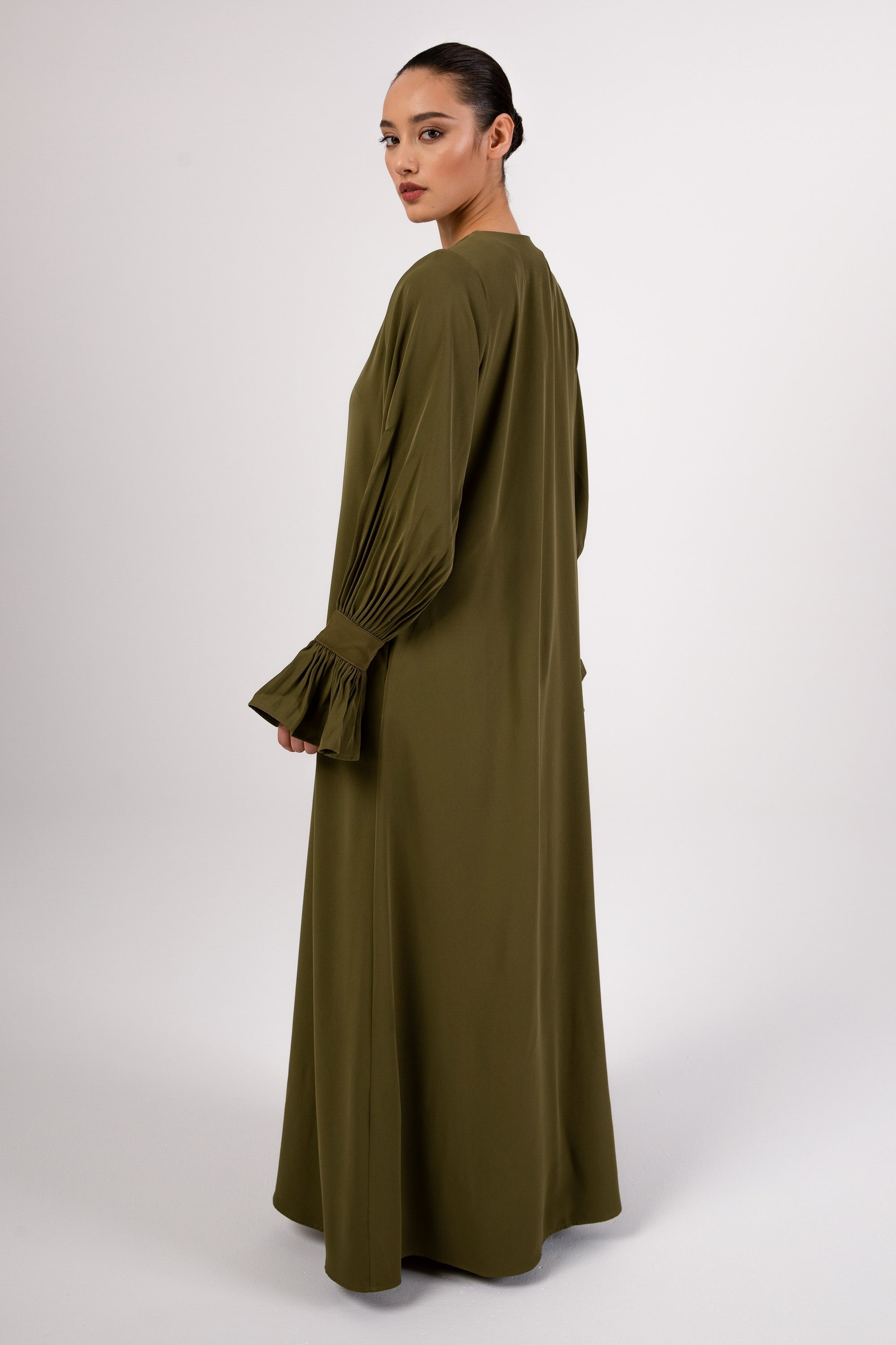 Jamila Cinched Sleeve Open Abaya and Dress Set - Avocado Abayas Veiled 