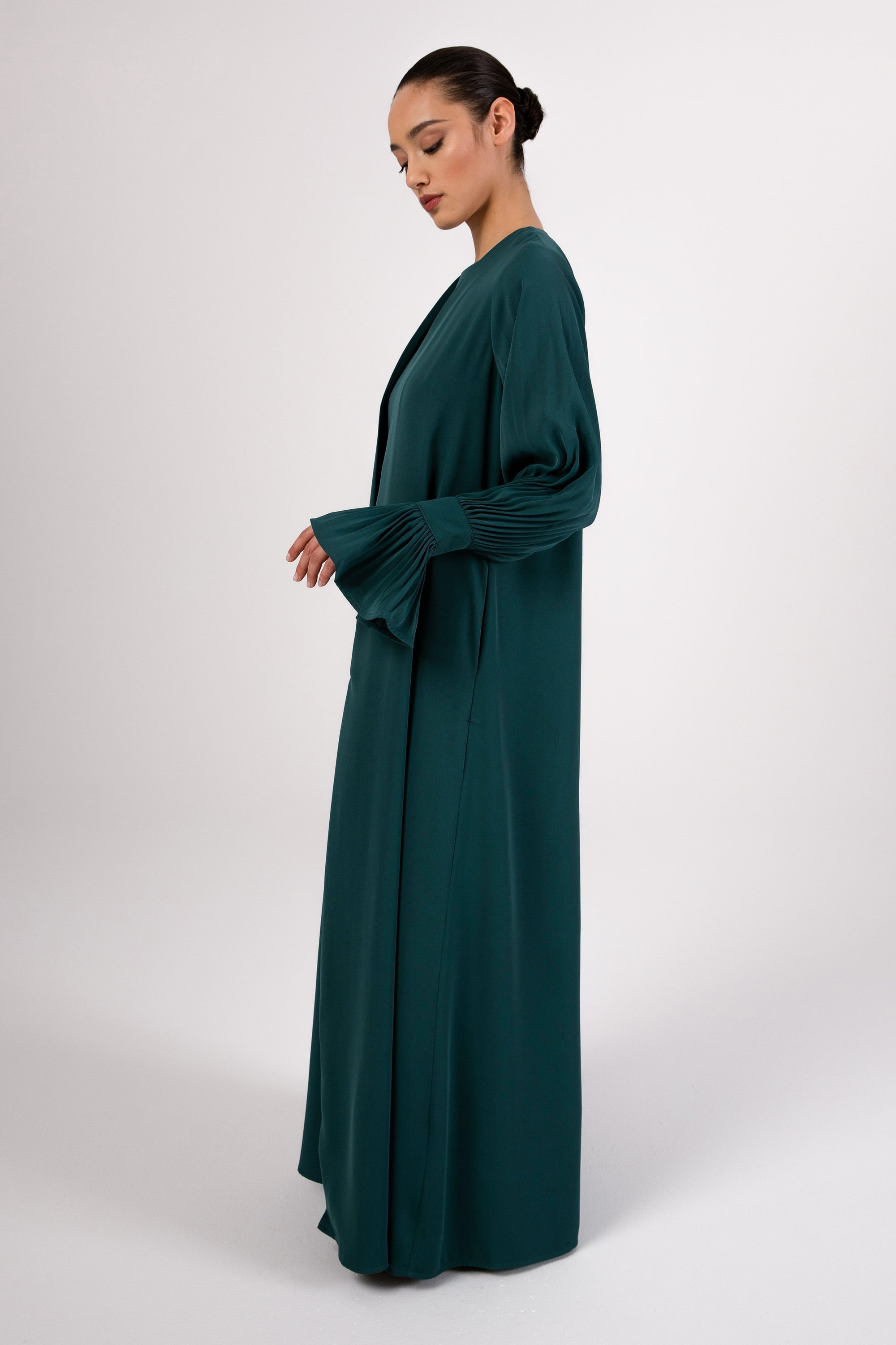 Jamila Cinched Sleeve Open Abaya and Dress Set- Teal Abayas Veiled 