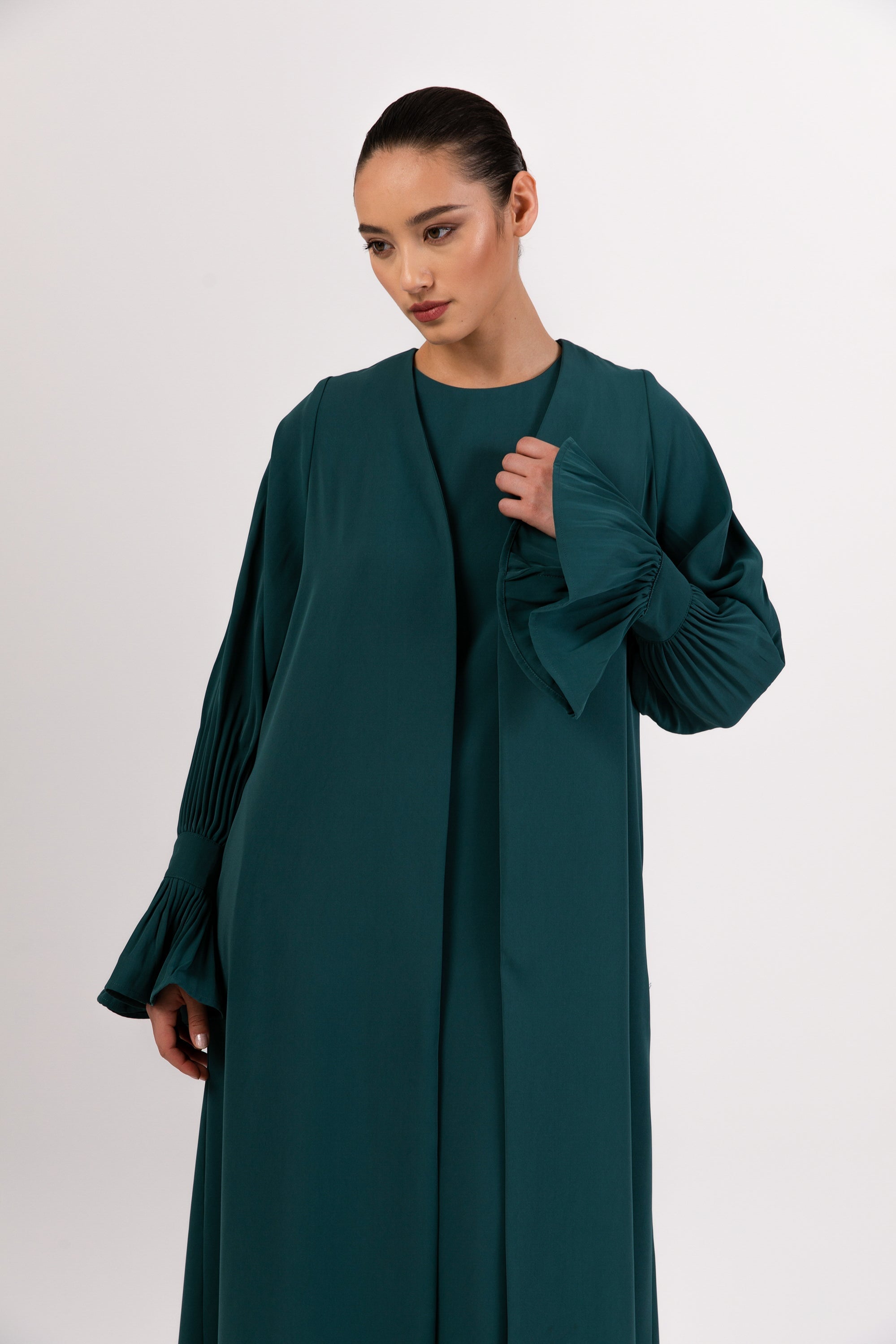 Jamila Cinched Sleeve Open Abaya and Dress Set- Teal Abayas Veiled 