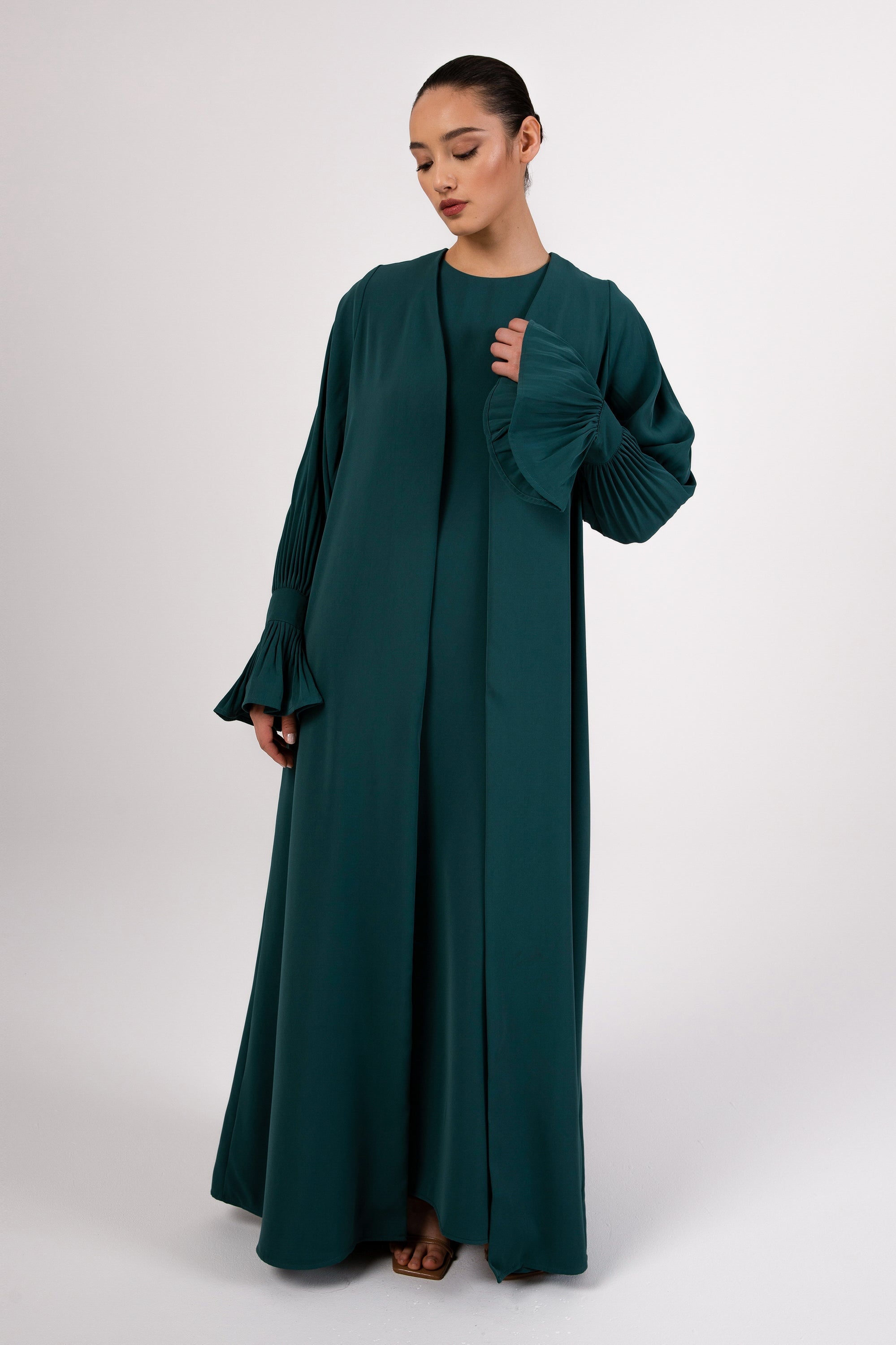 Jamila Cinched Sleeve Open Abaya and Dress Set- Teal Abayas Veiled 