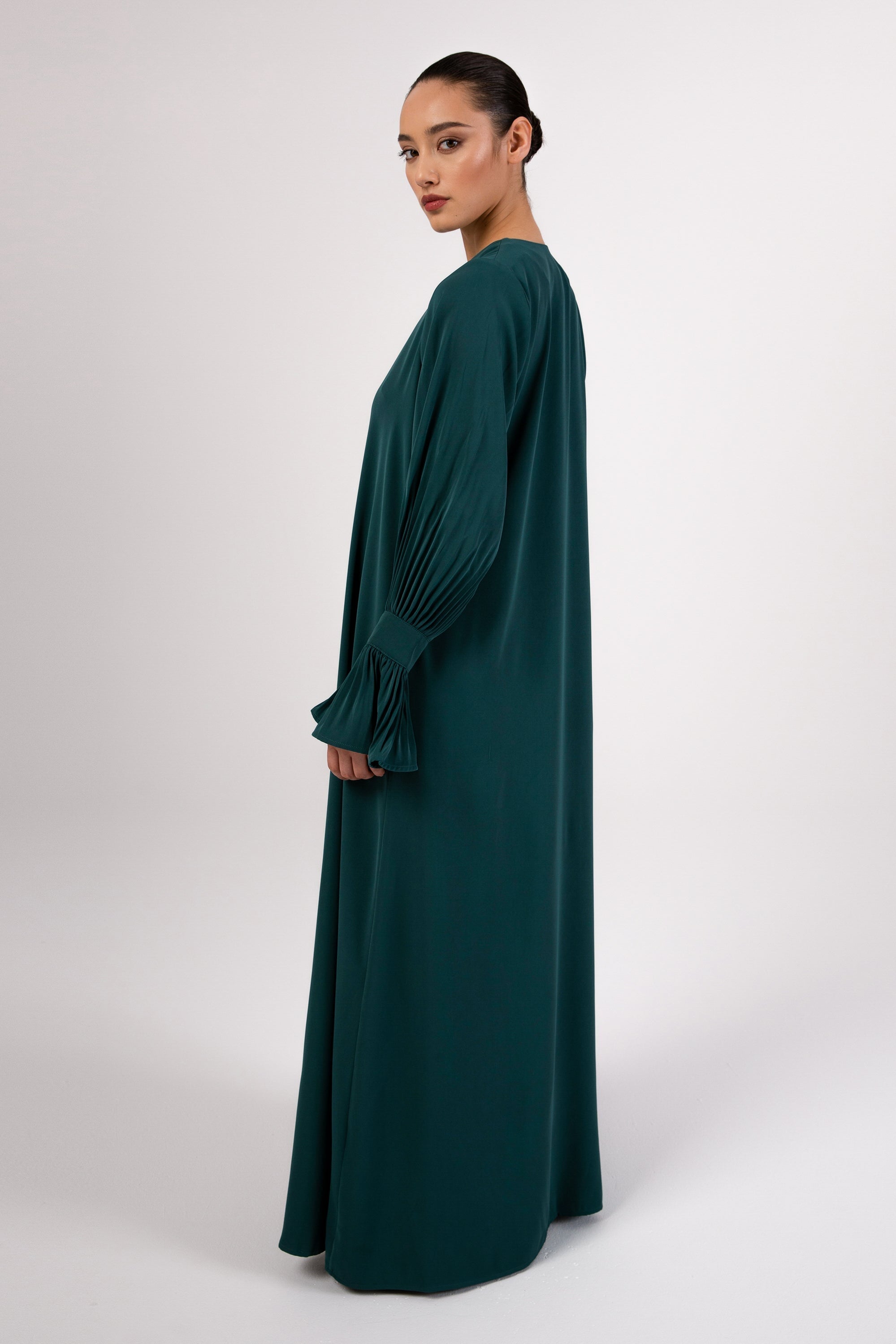 Jamila Cinched Sleeve Open Abaya and Dress Set- Teal Abayas Veiled 