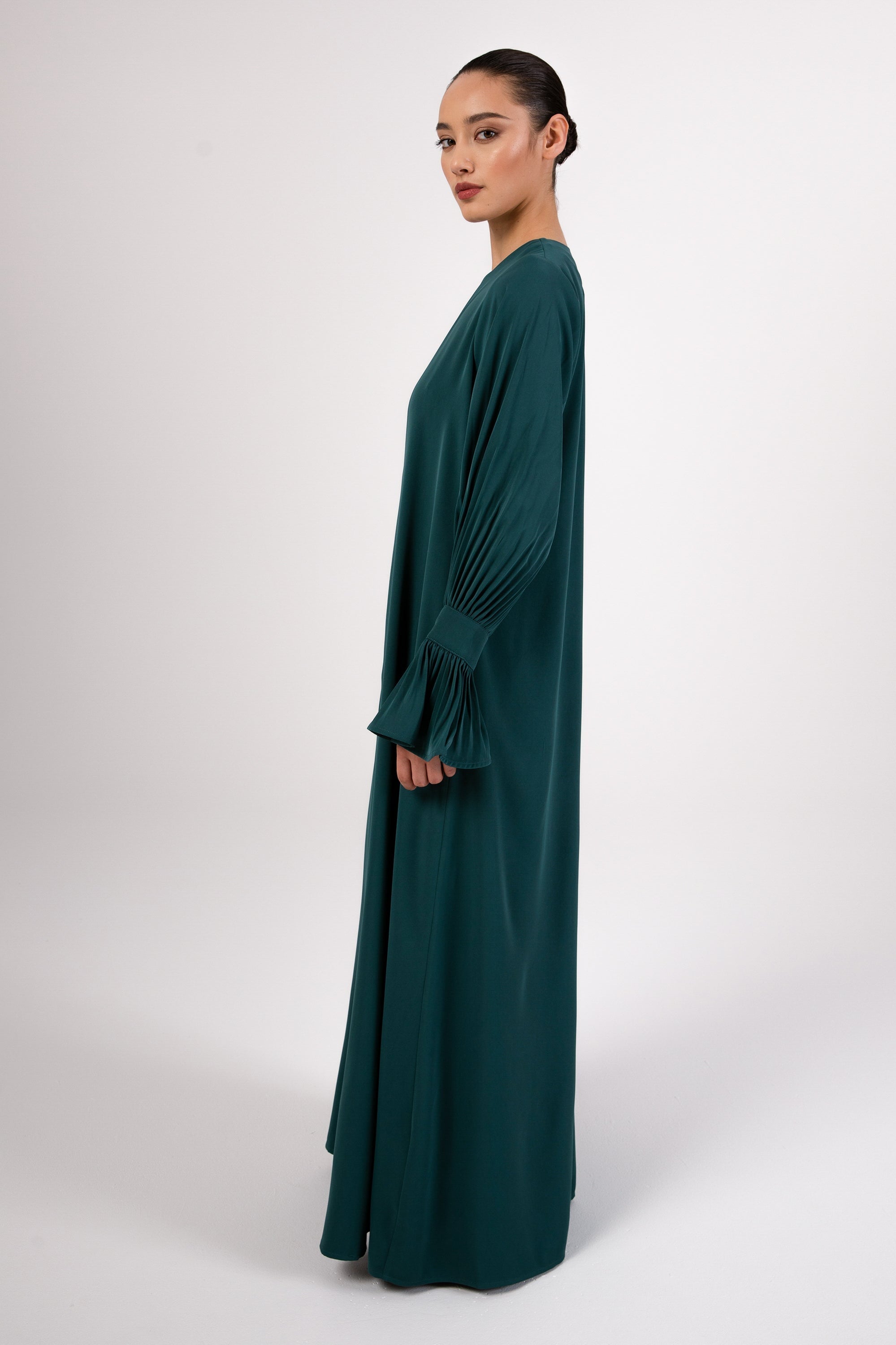 Jamila Cinched Sleeve Open Abaya and Dress Set- Teal Abayas Veiled 