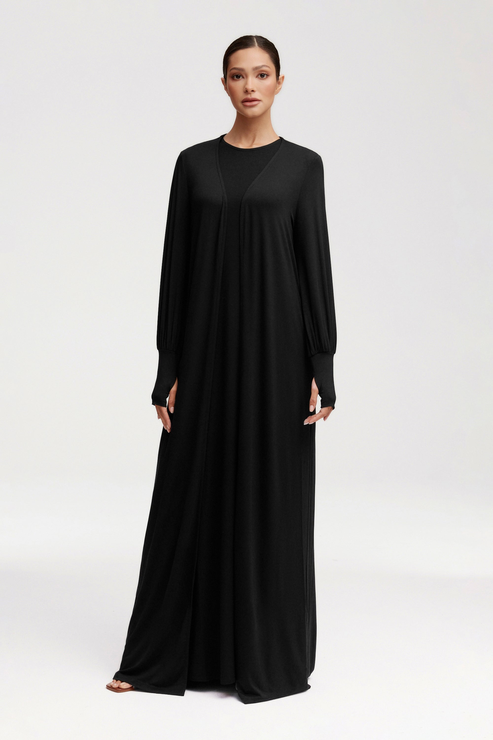 Jenin Jersey Open Abaya & Maxi Dress Set - Black Clothing Veiled 