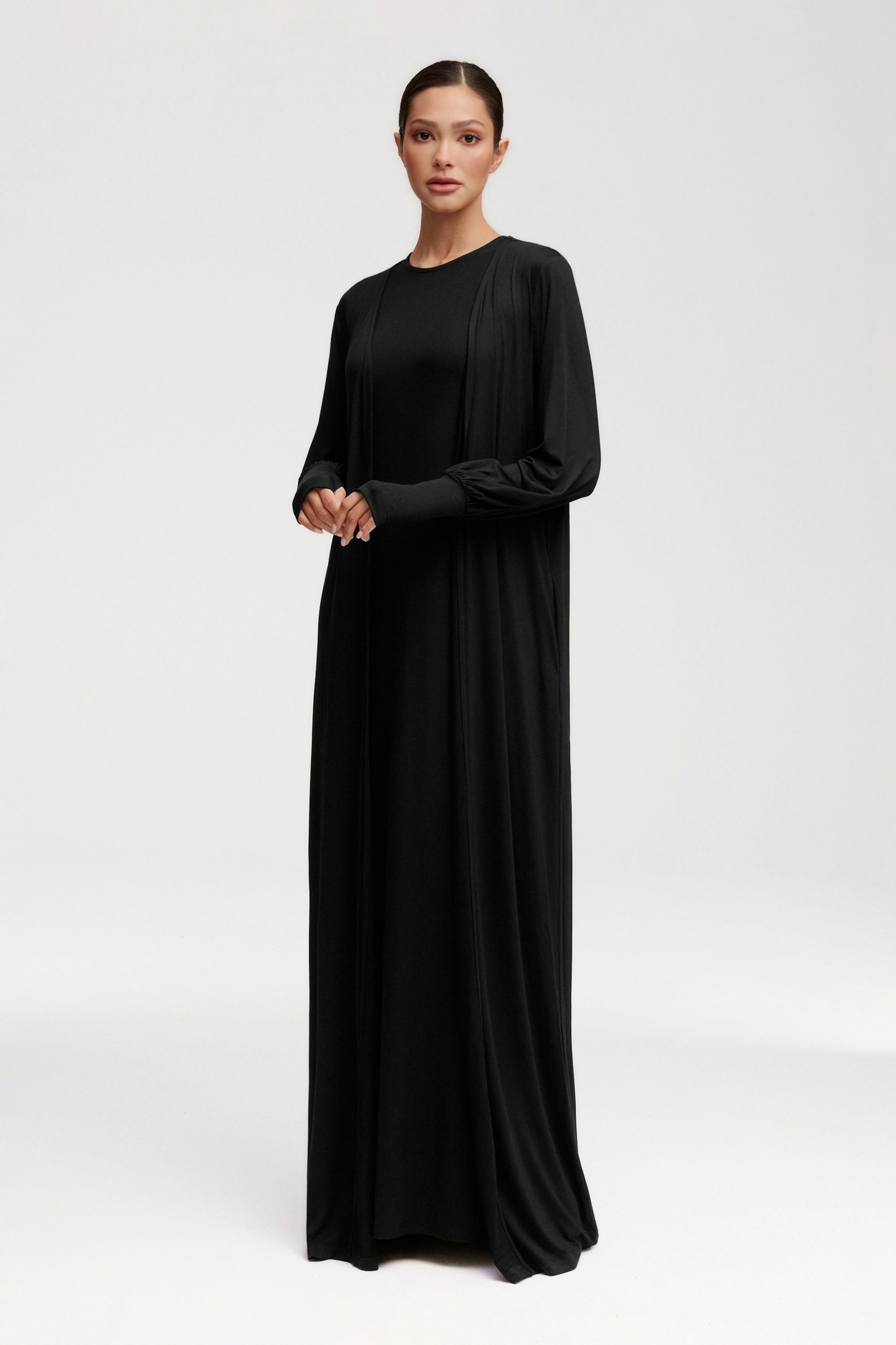 Jenin Jersey Open Abaya & Maxi Dress Set - Black Clothing Veiled 