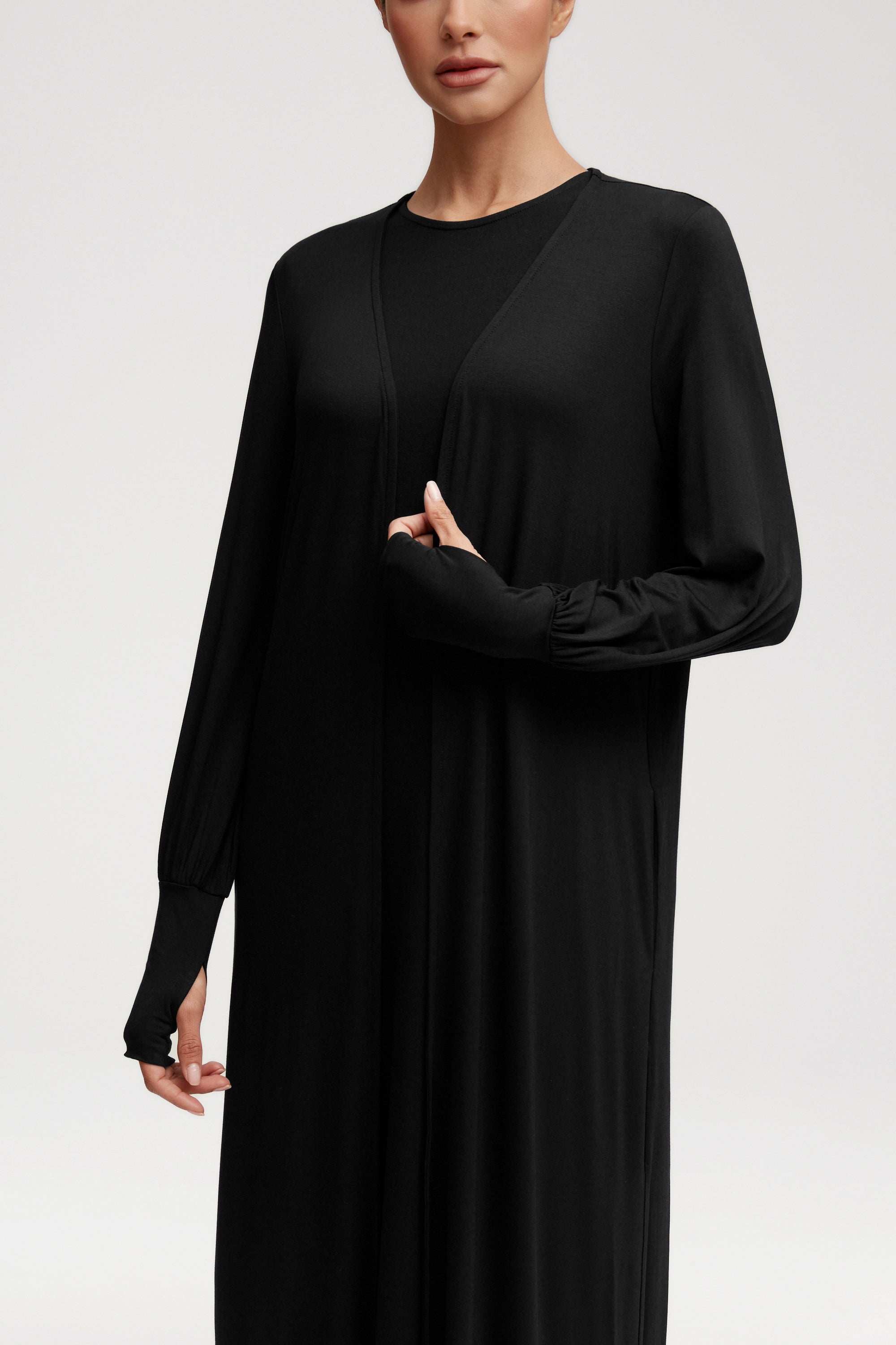 Jenin Jersey Open Abaya & Maxi Dress Set - Black Clothing Veiled 