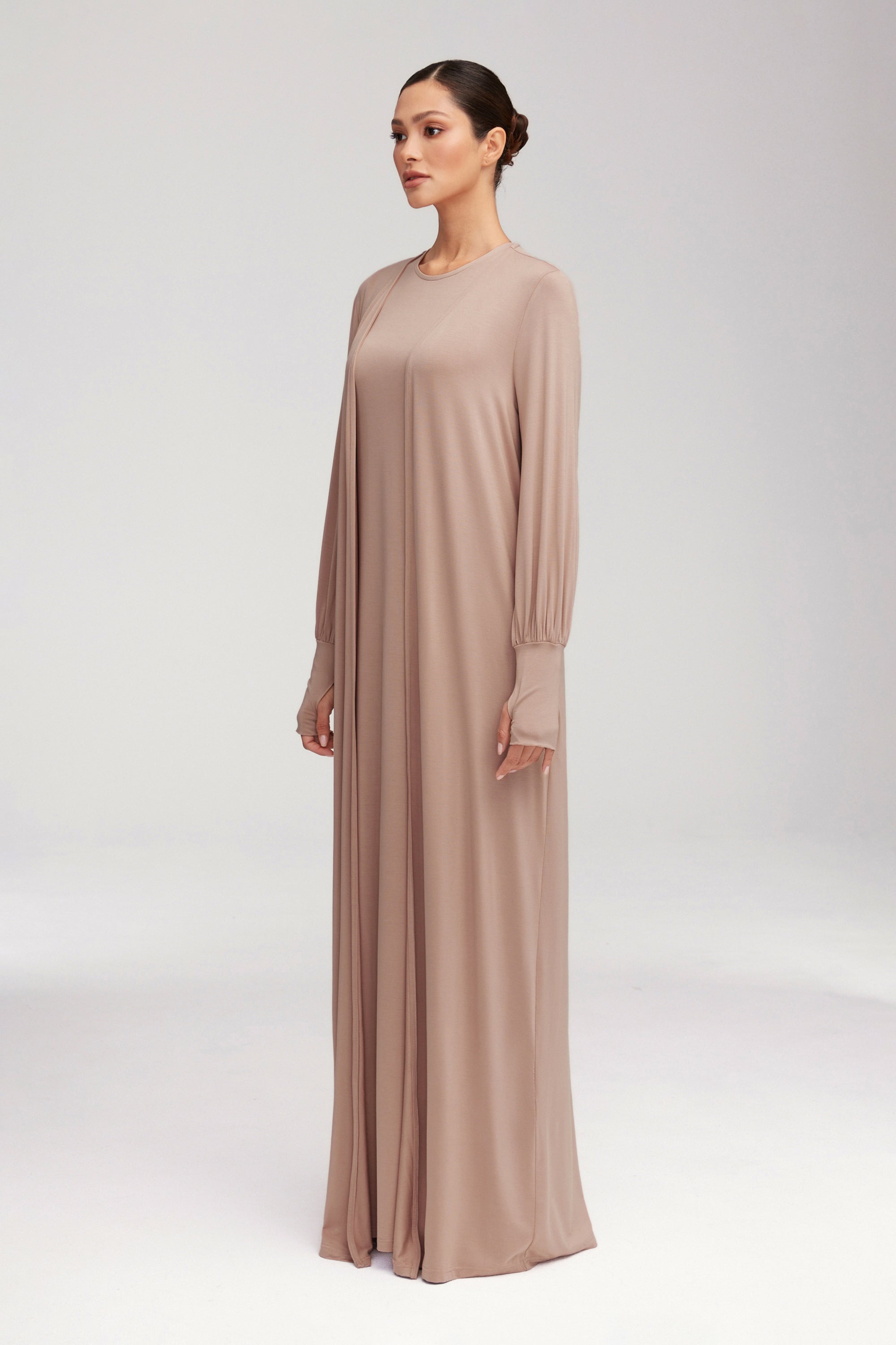 Jenin Jersey Open Abaya & Maxi Dress Set - Mink Clothing Veiled 