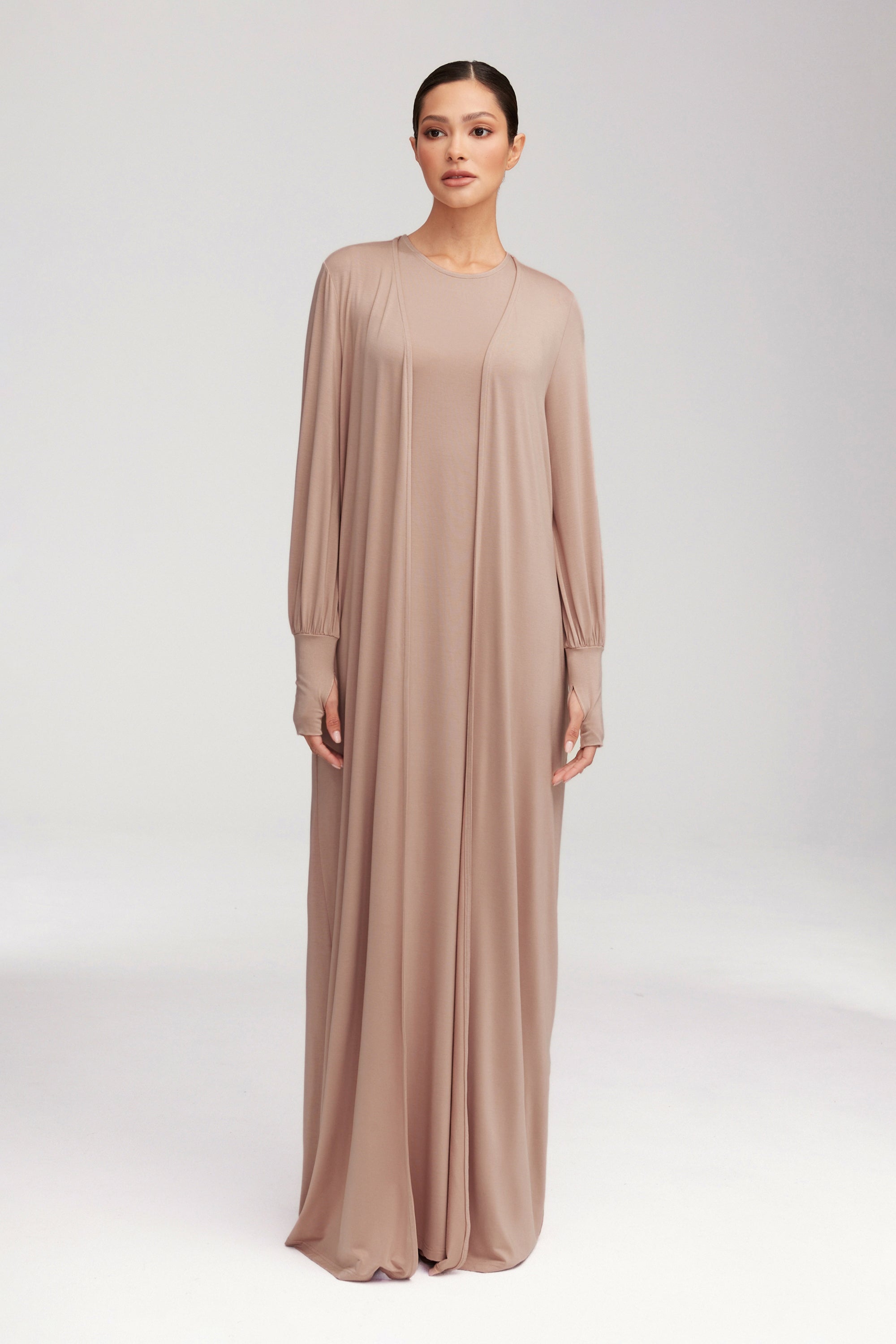 Jenin Jersey Open Abaya & Maxi Dress Set - Mink Clothing Veiled 