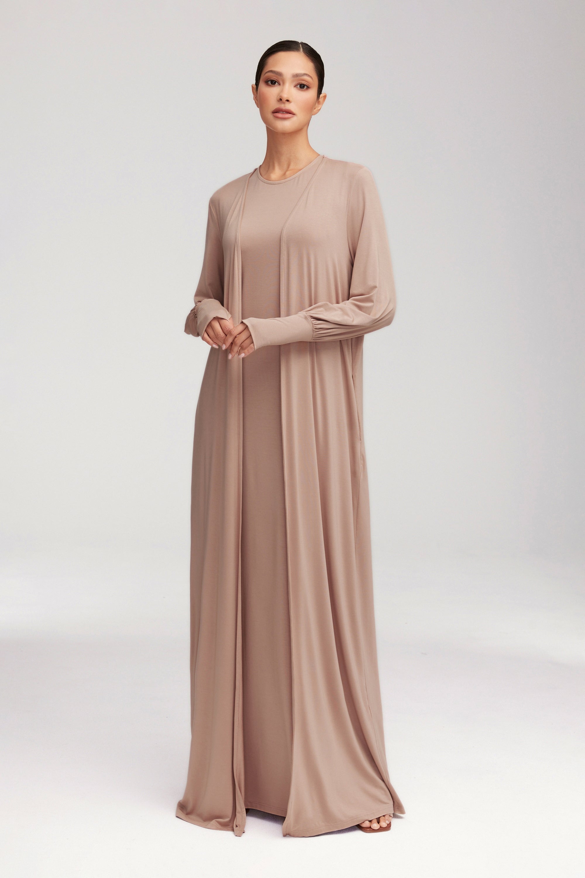 Jenin Jersey Open Abaya & Maxi Dress Set - Mink Clothing Veiled 