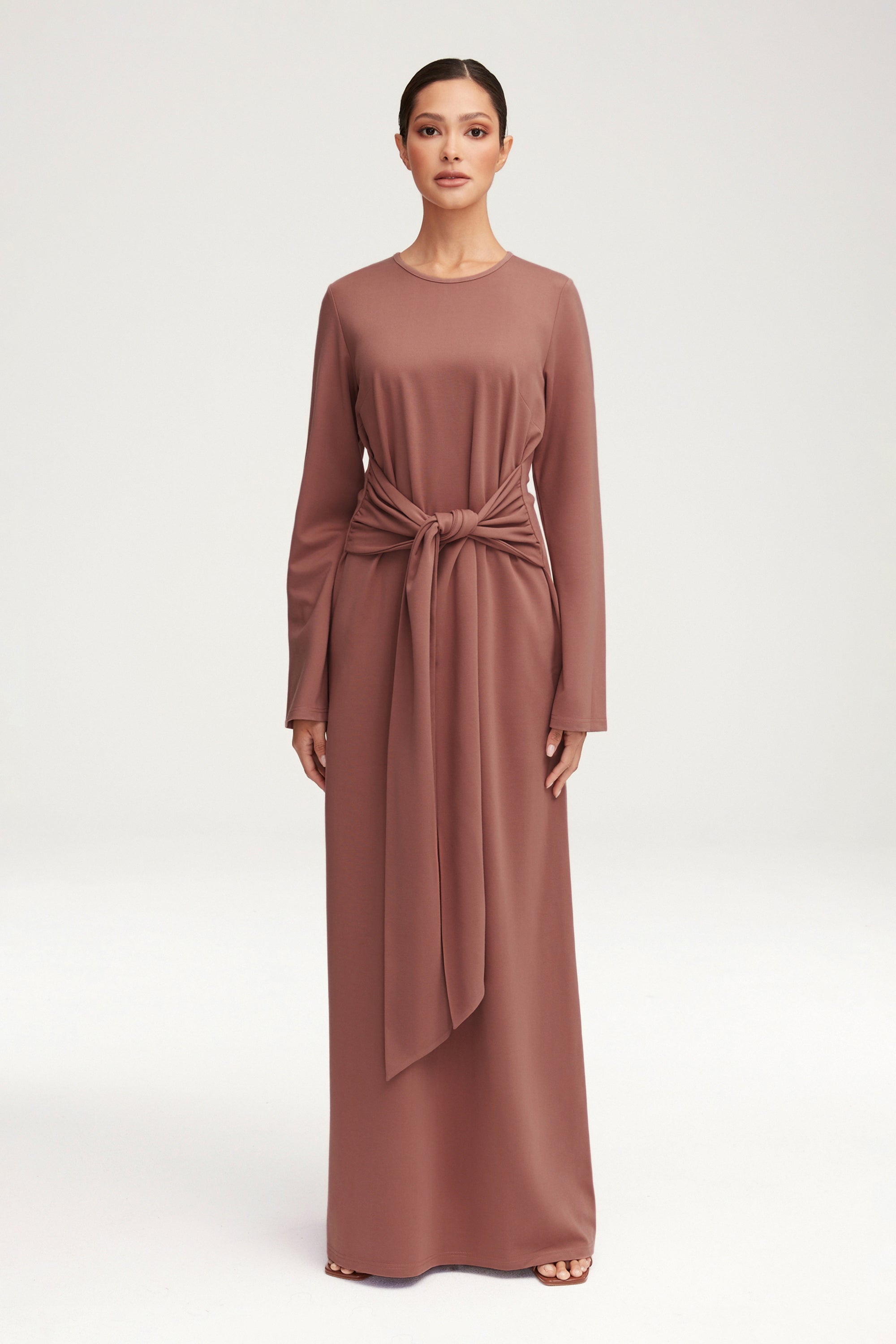 Jersey Tie Front Maxi Dress - Blush Nude Clothing Veiled 