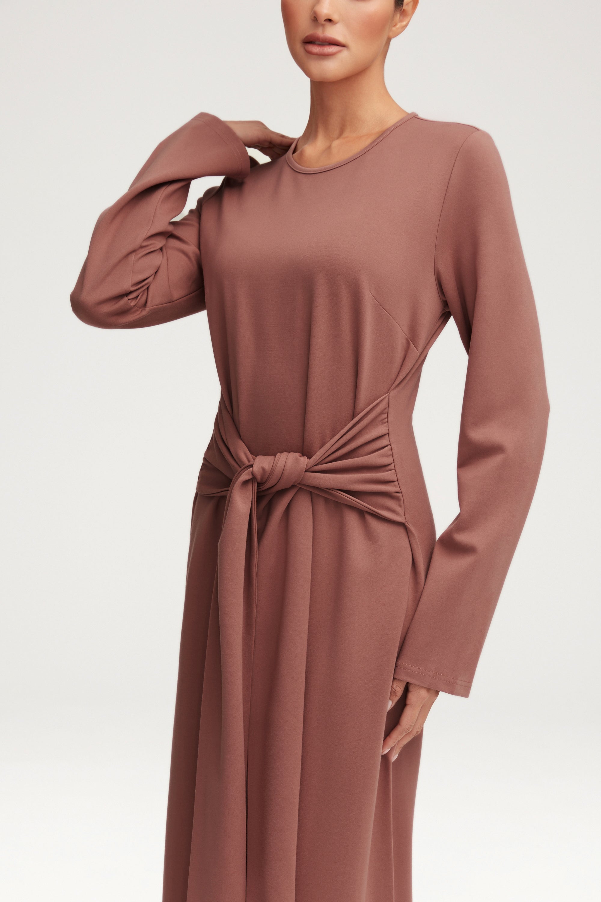 Jersey Tie Front Maxi Dress - Blush Nude Clothing Veiled 