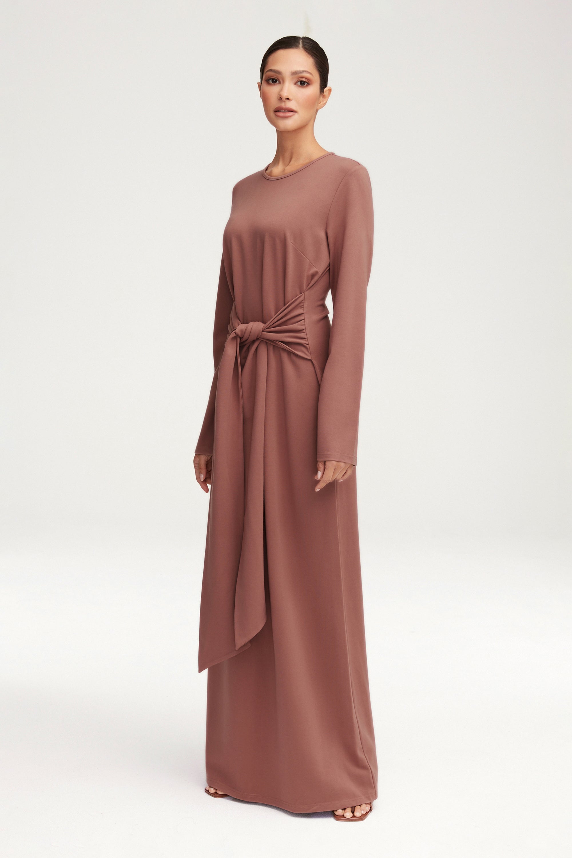 Jersey Tie Front Maxi Dress - Blush Nude Clothing Veiled 