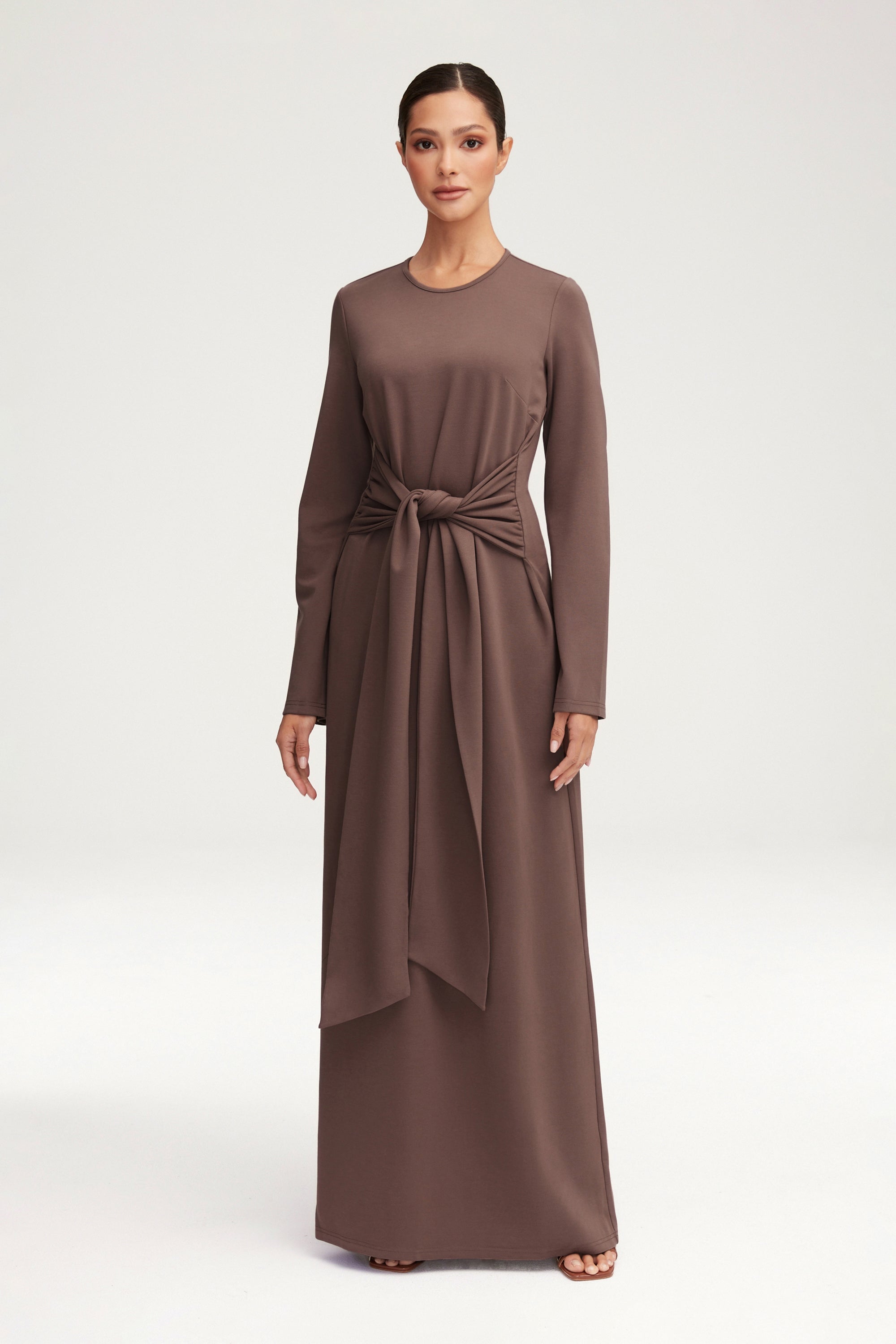 Jersey Tie Front Maxi Dress - Dark Taupe Clothing Veiled 