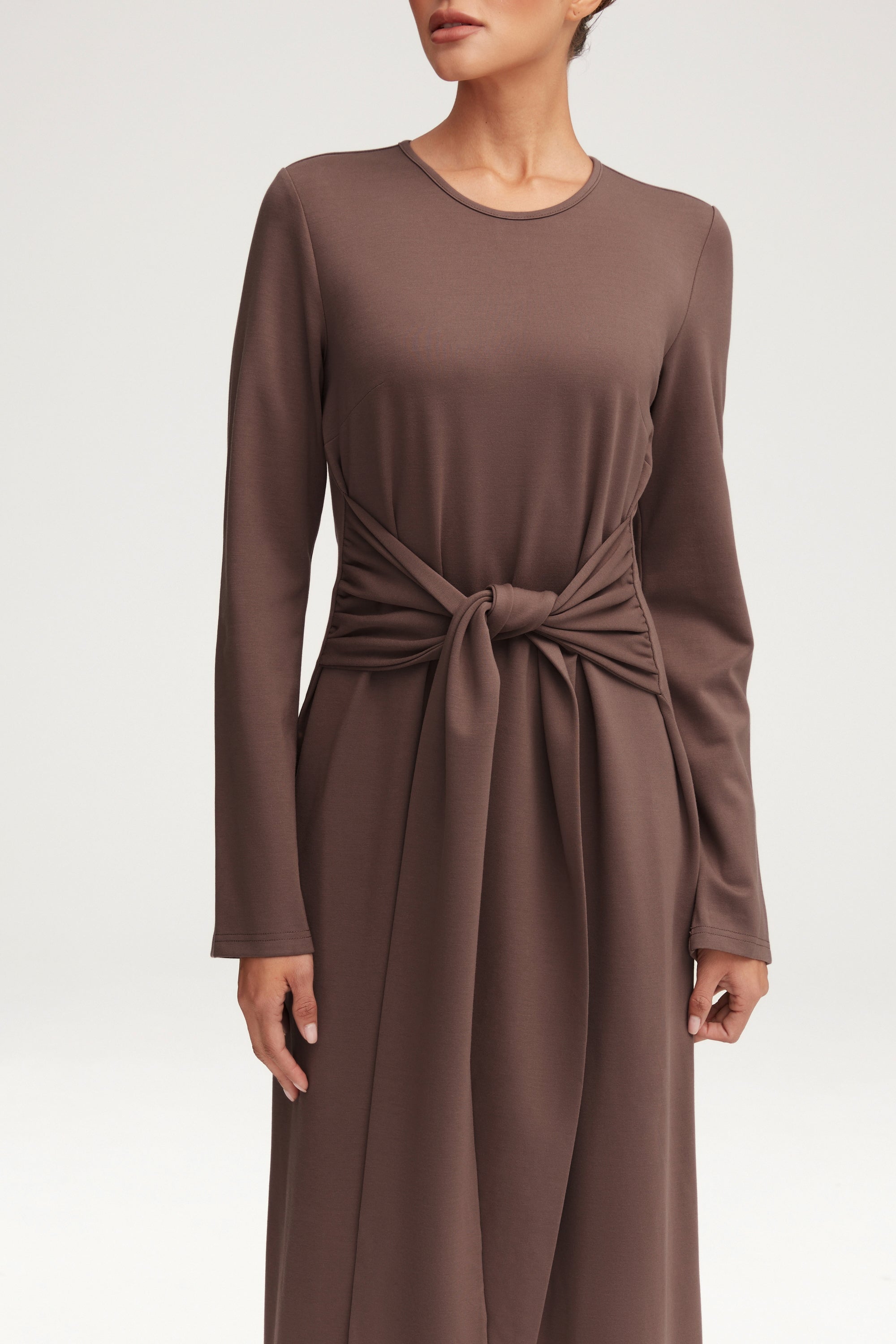 Jersey Tie Front Maxi Dress - Dark Taupe Clothing Veiled 