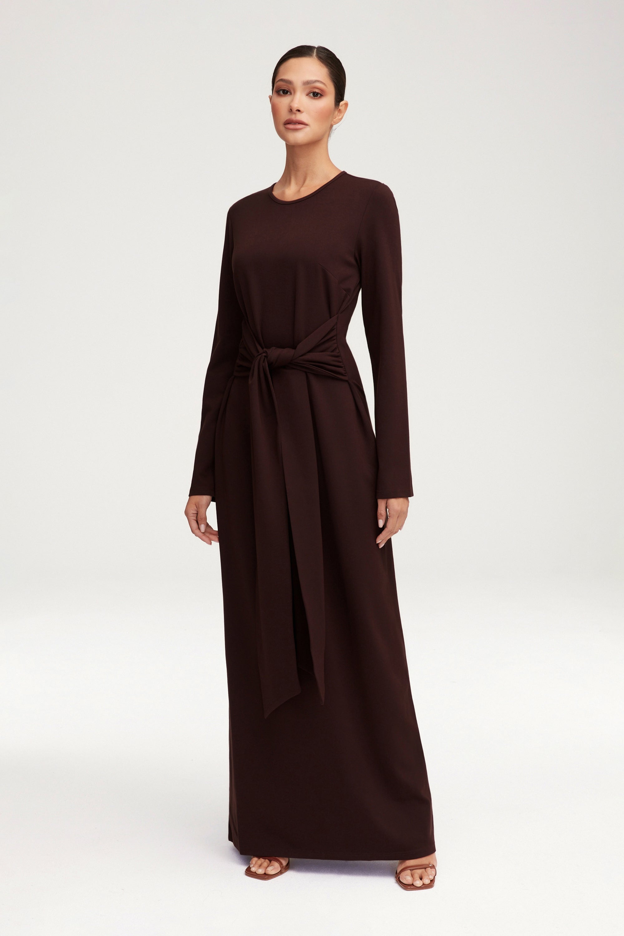 Jersey Tie Front Maxi Dress - Espresso Clothing Veiled 