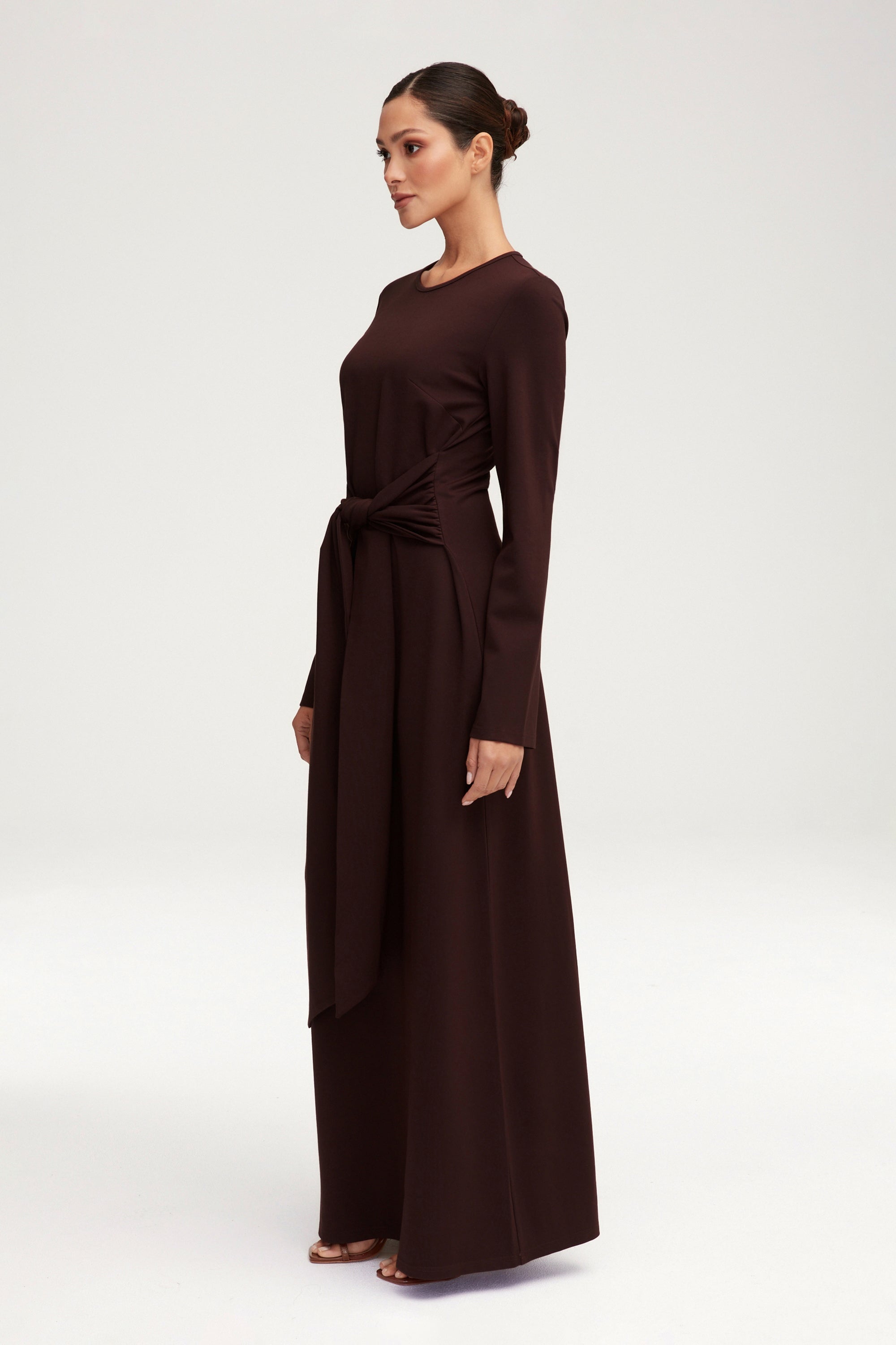 Jersey Tie Front Maxi Dress - Espresso Clothing Veiled 