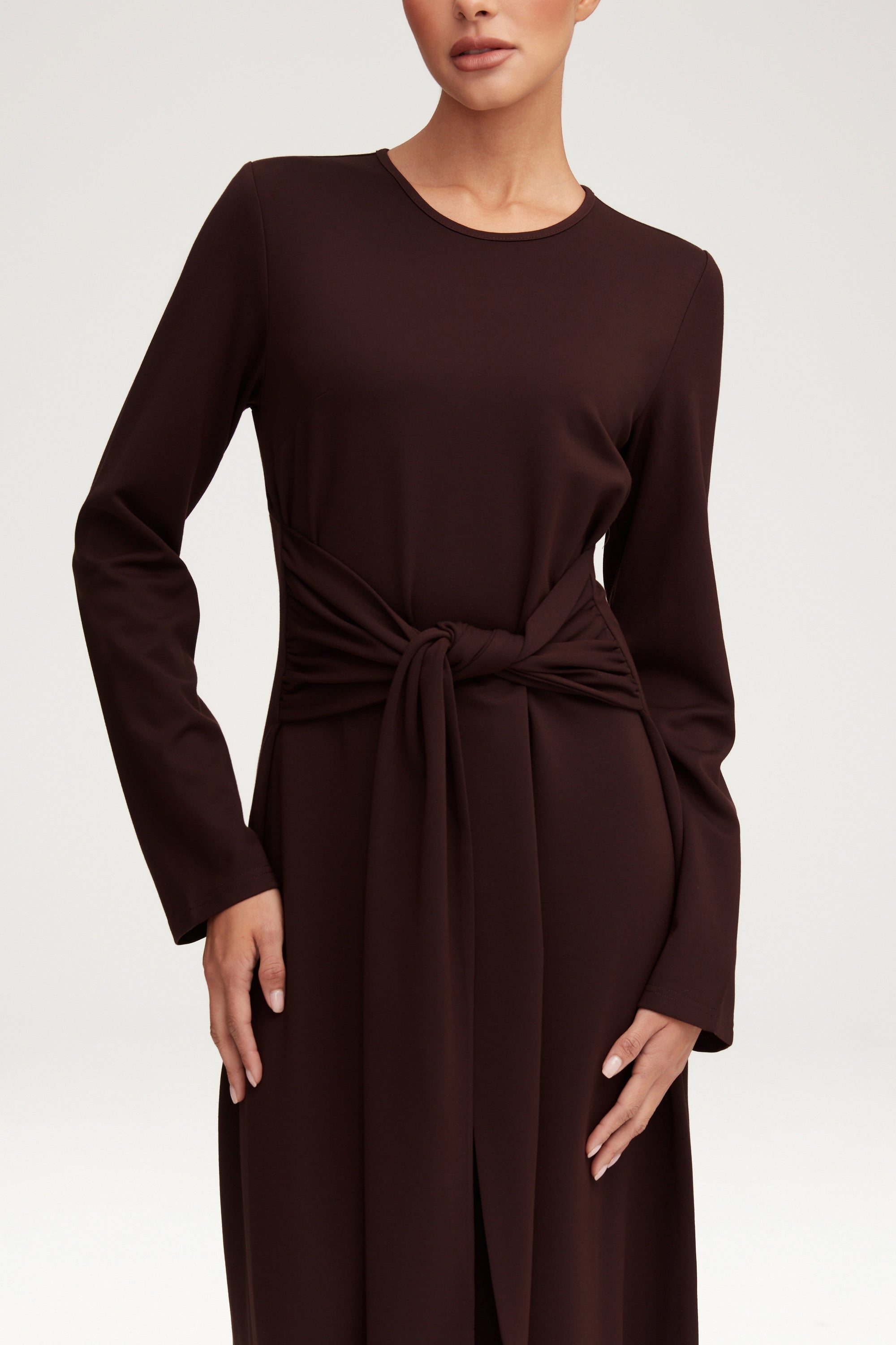 Jersey Tie Front Maxi Dress - Espresso Clothing Veiled 