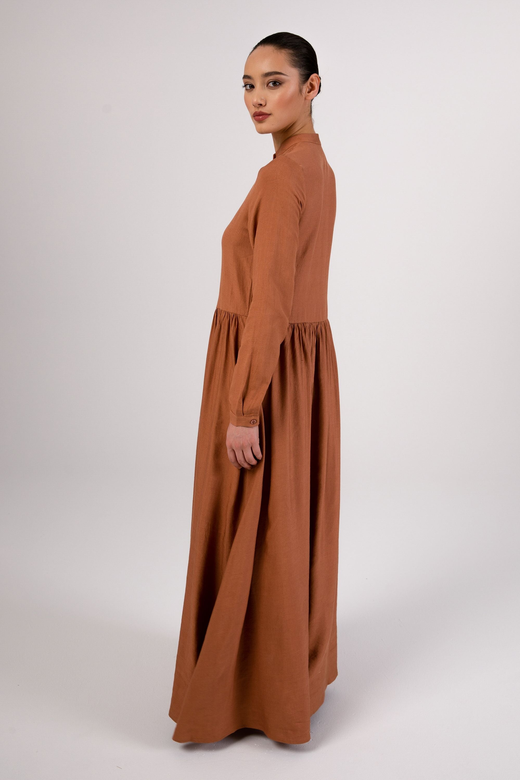 Karima Flowy Linen Maxi Shirt Dress - Rosewood Veiled Collection 