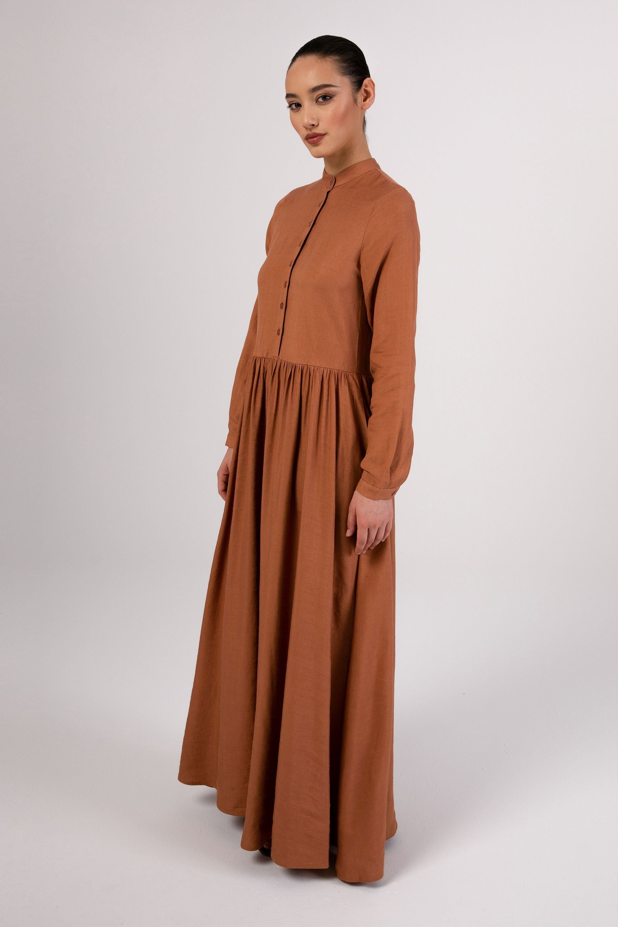 Karima Flowy Linen Maxi Shirt Dress - Rosewood Veiled Collection 