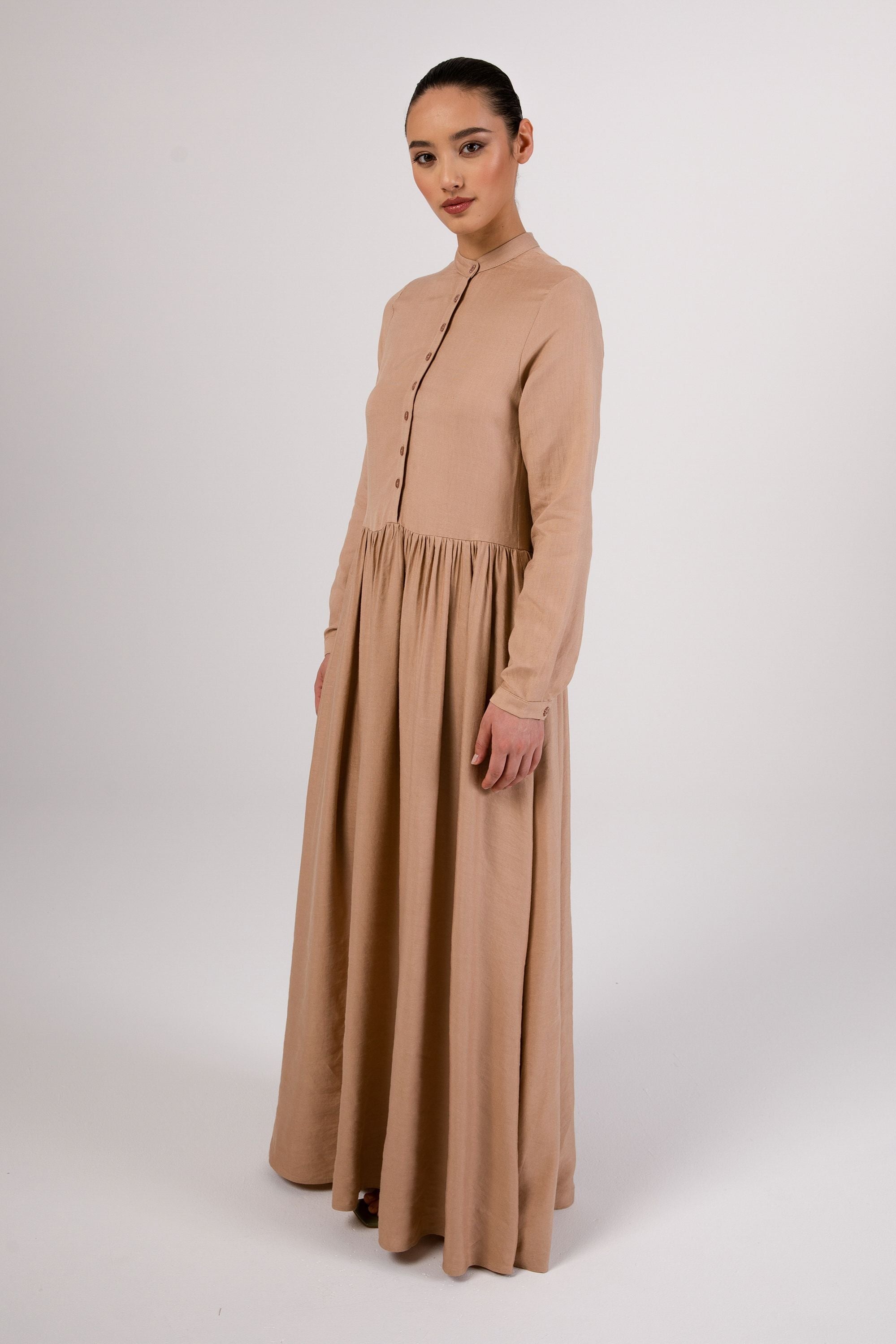 Karima Flowy Linen Maxi Shirt Dress - Taupe Veiled Collection 