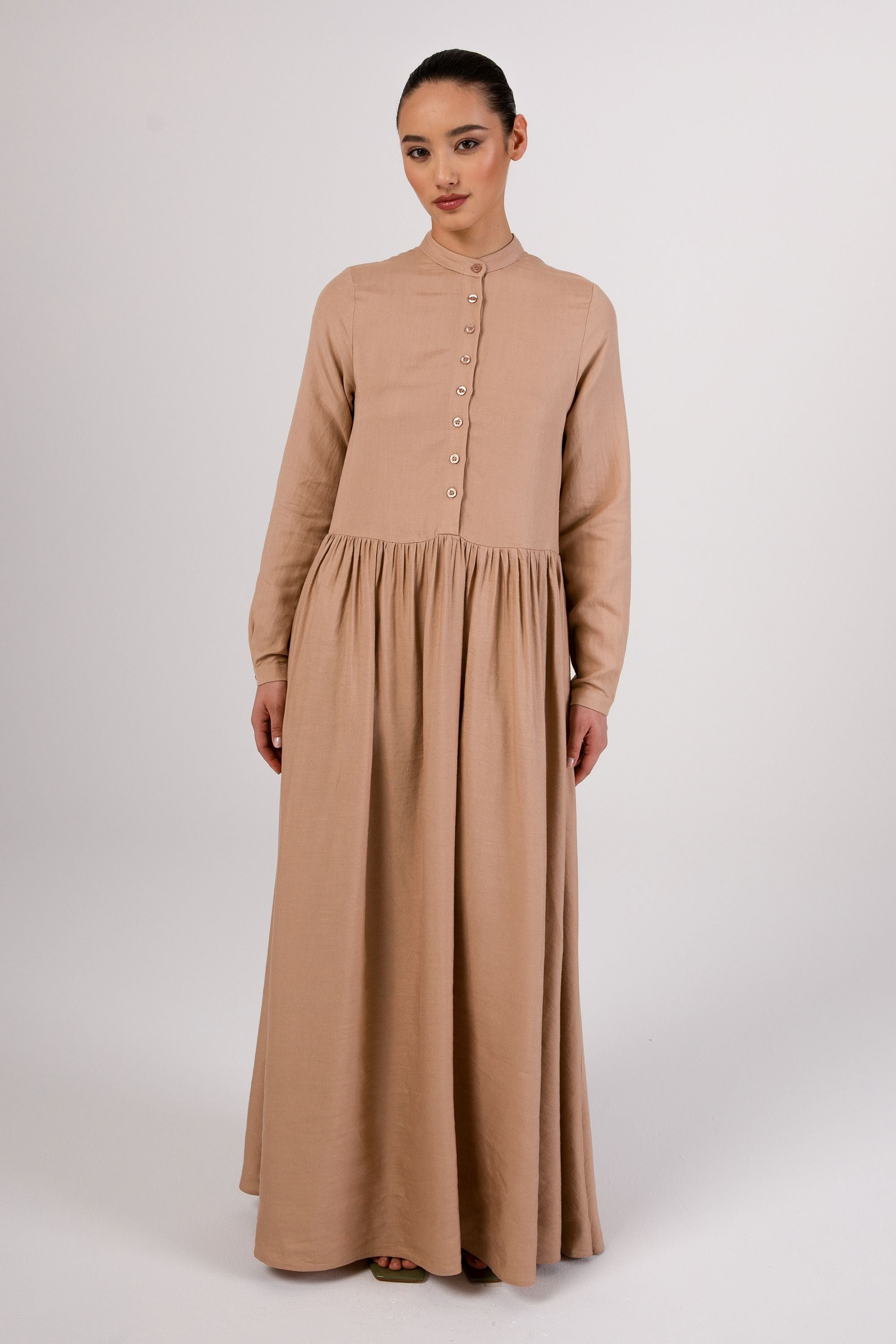 Karima Flowy Linen Maxi Shirt Dress - Taupe Veiled Collection 