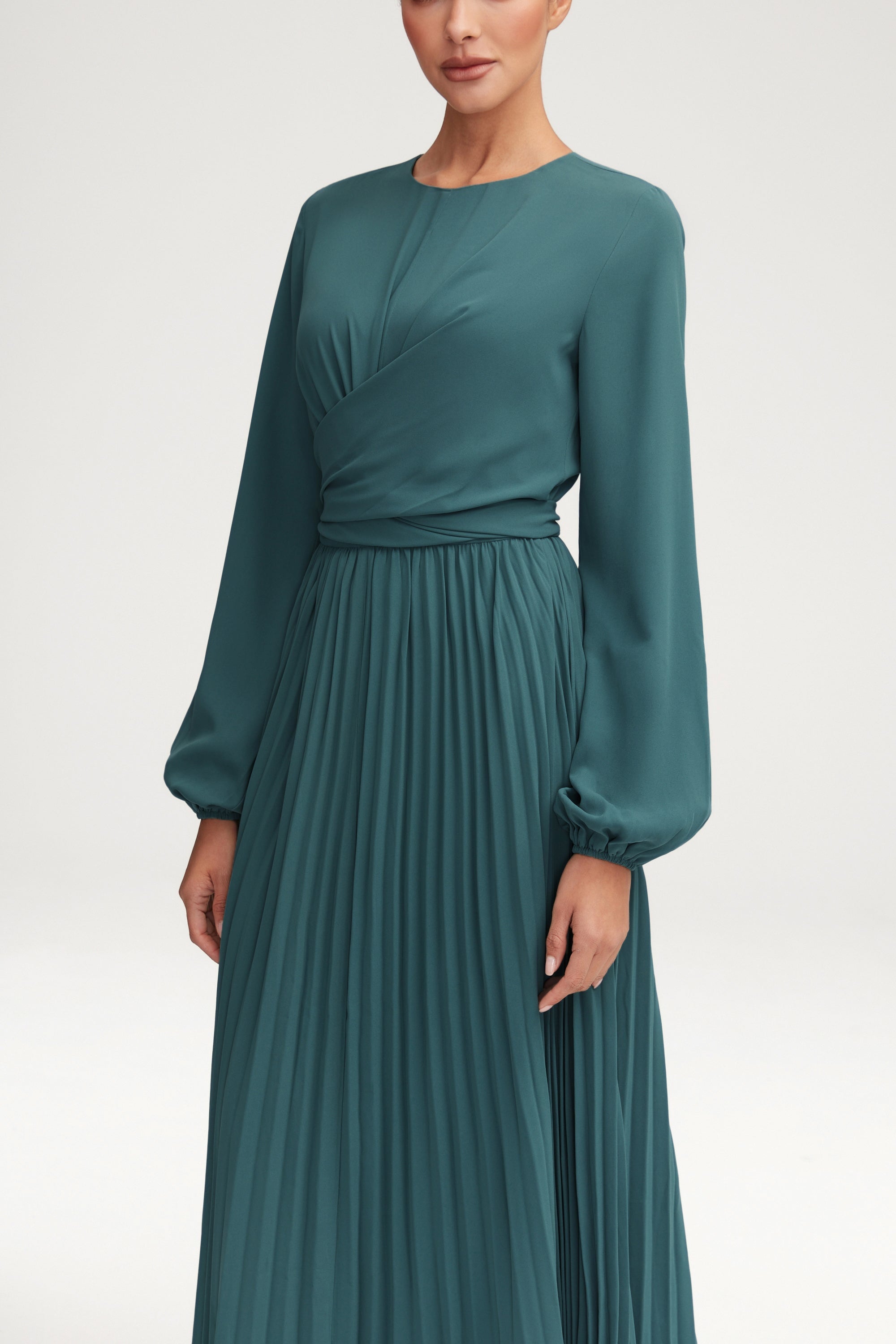 Layana Pleated Wrap Waist Maxi Dress - Dark Cactus Clothing Veiled 