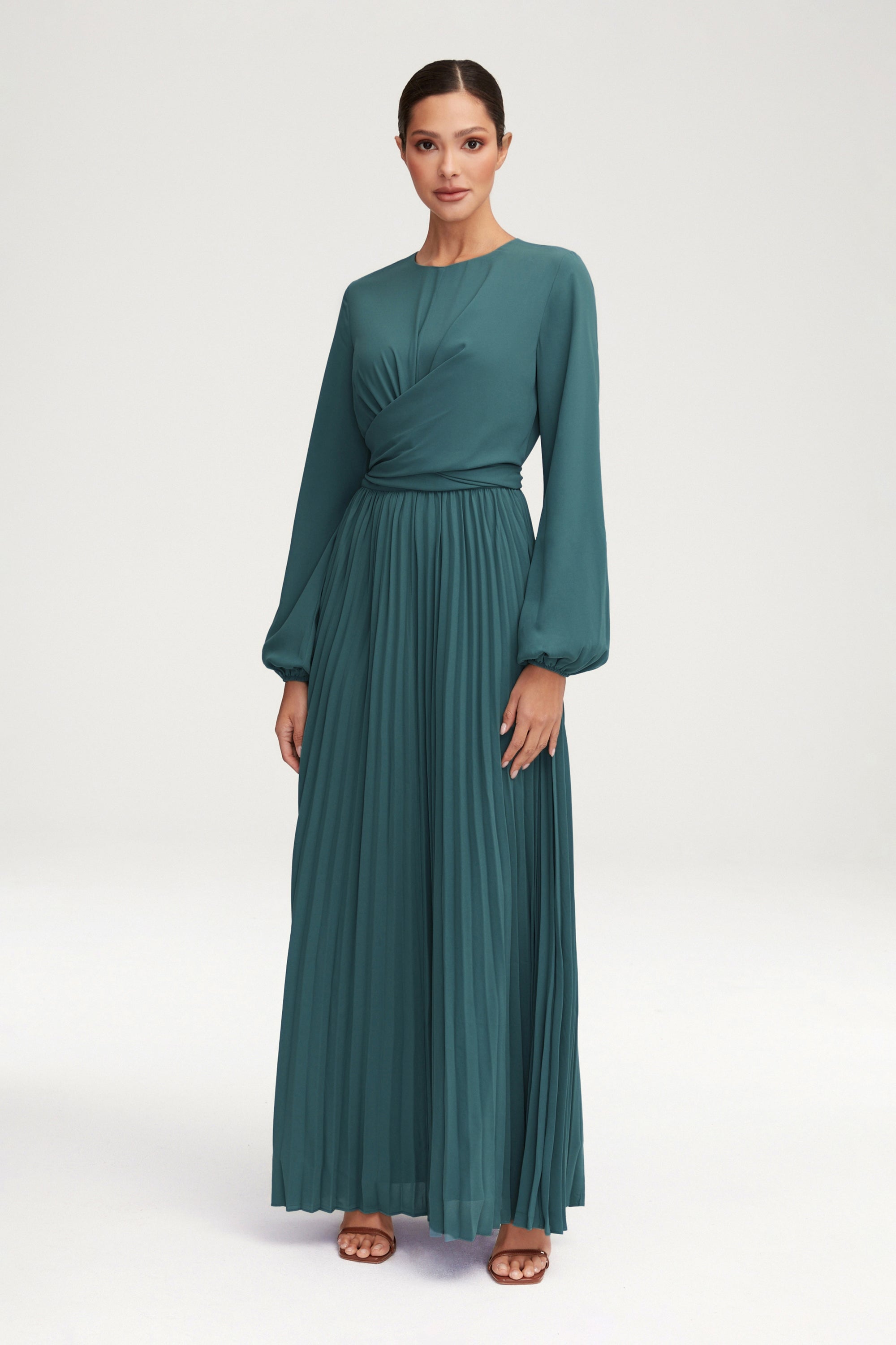 Layana Pleated Wrap Waist Maxi Dress - Dark Cactus Clothing Veiled 