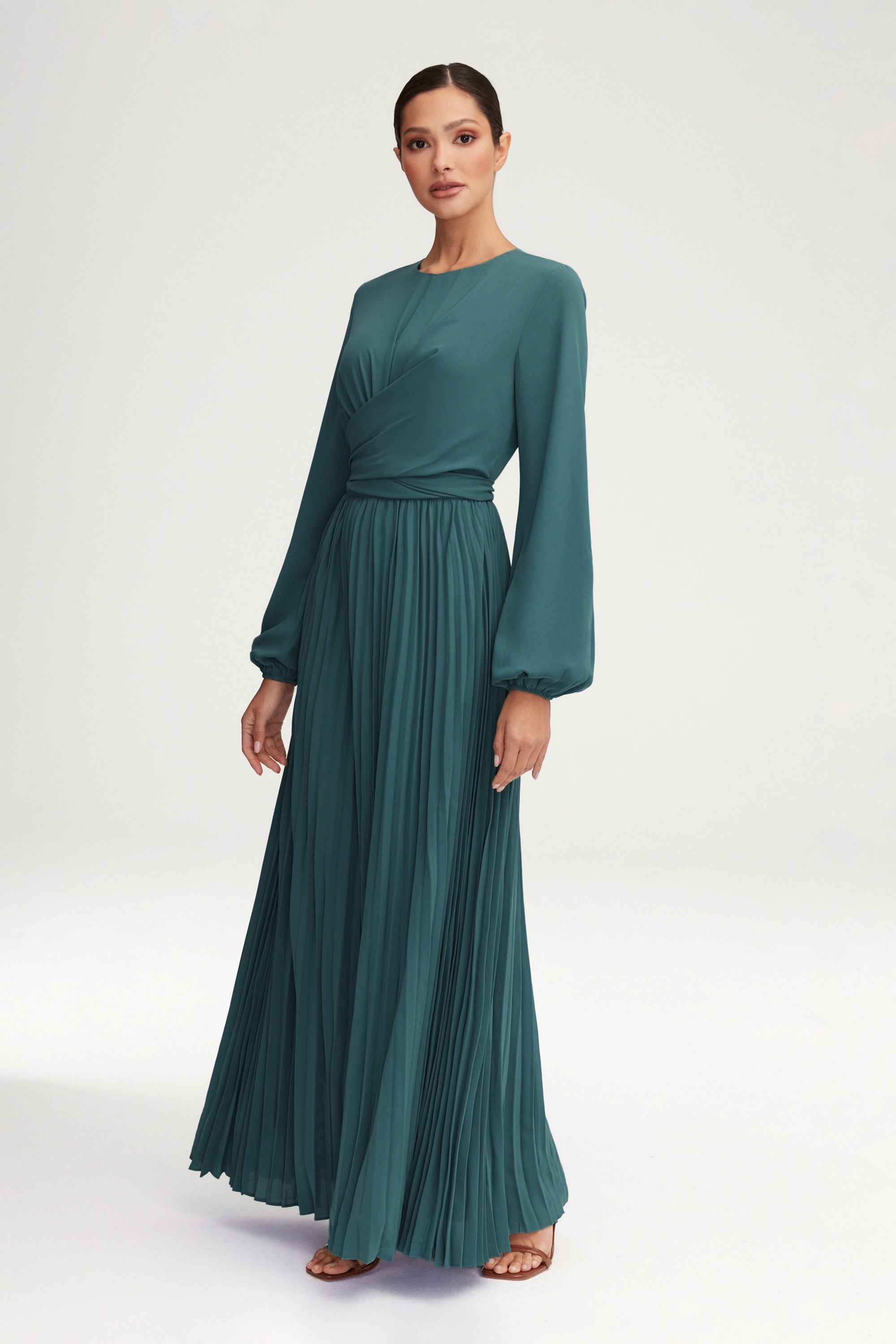 Layana Pleated Wrap Waist Maxi Dress - Dark Cactus Clothing Veiled 