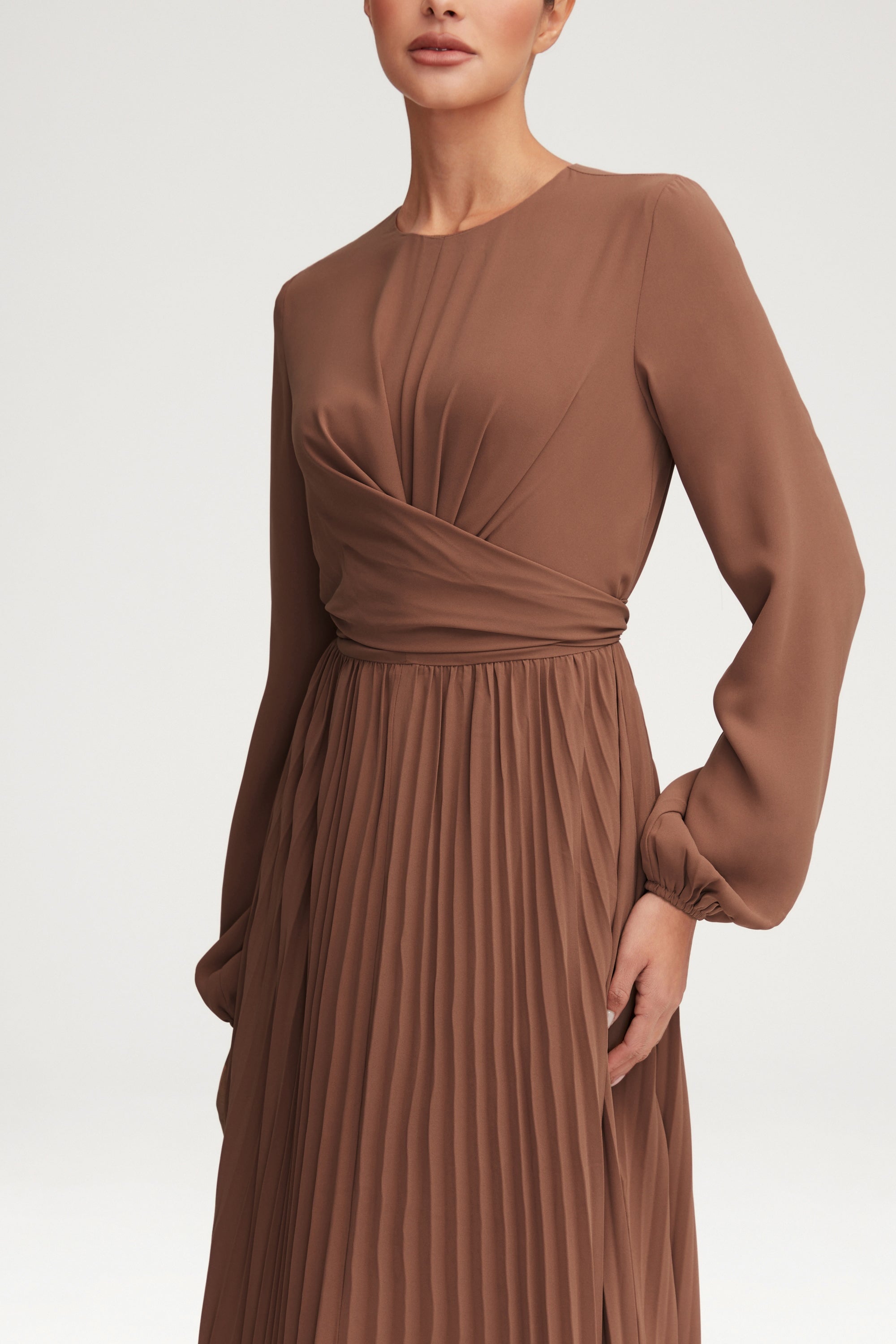 Layana Pleated Wrap Waist Maxi Dress - Pecan Clothing Veiled 