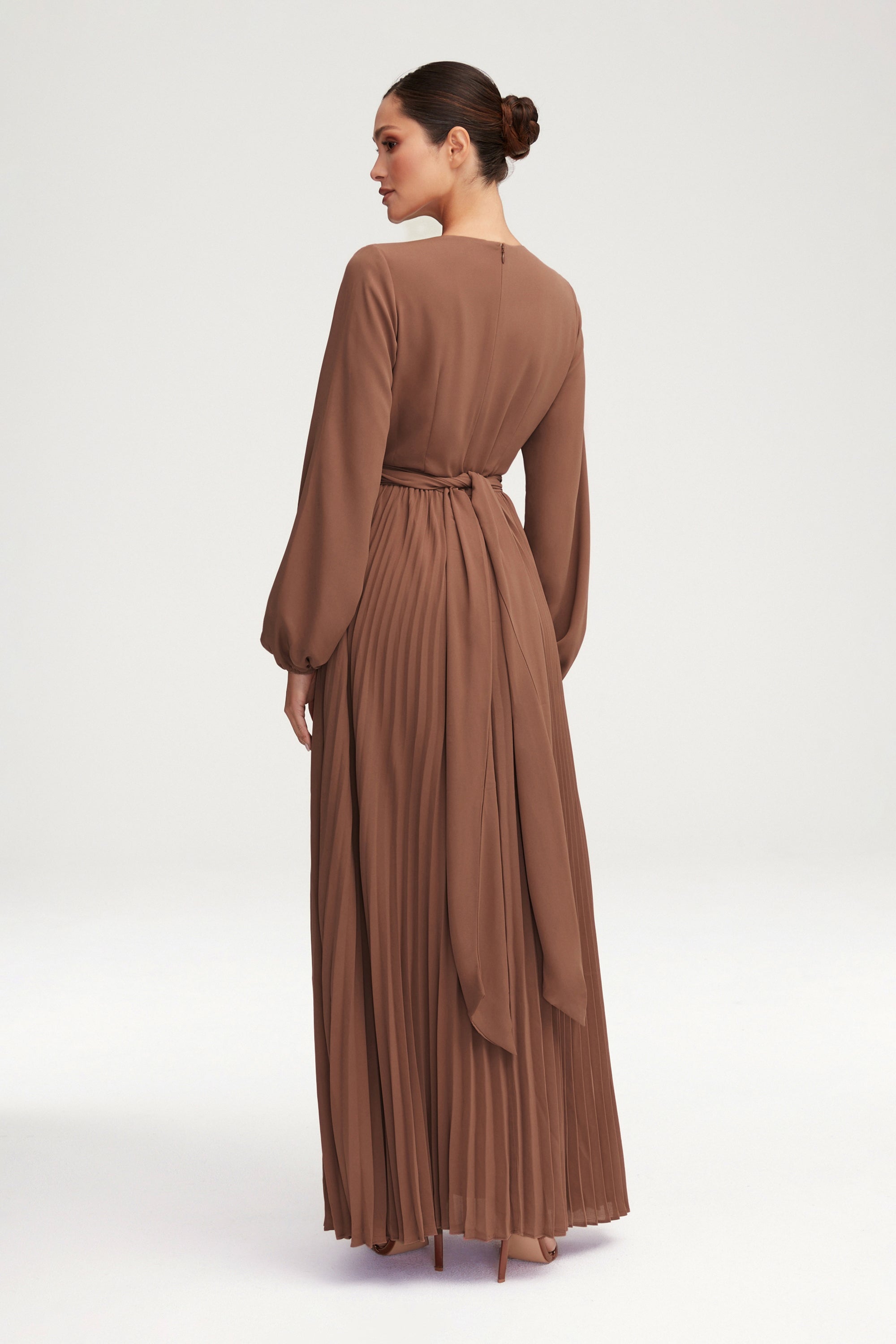 Layana Pleated Wrap Waist Maxi Dress - Pecan Clothing Veiled 