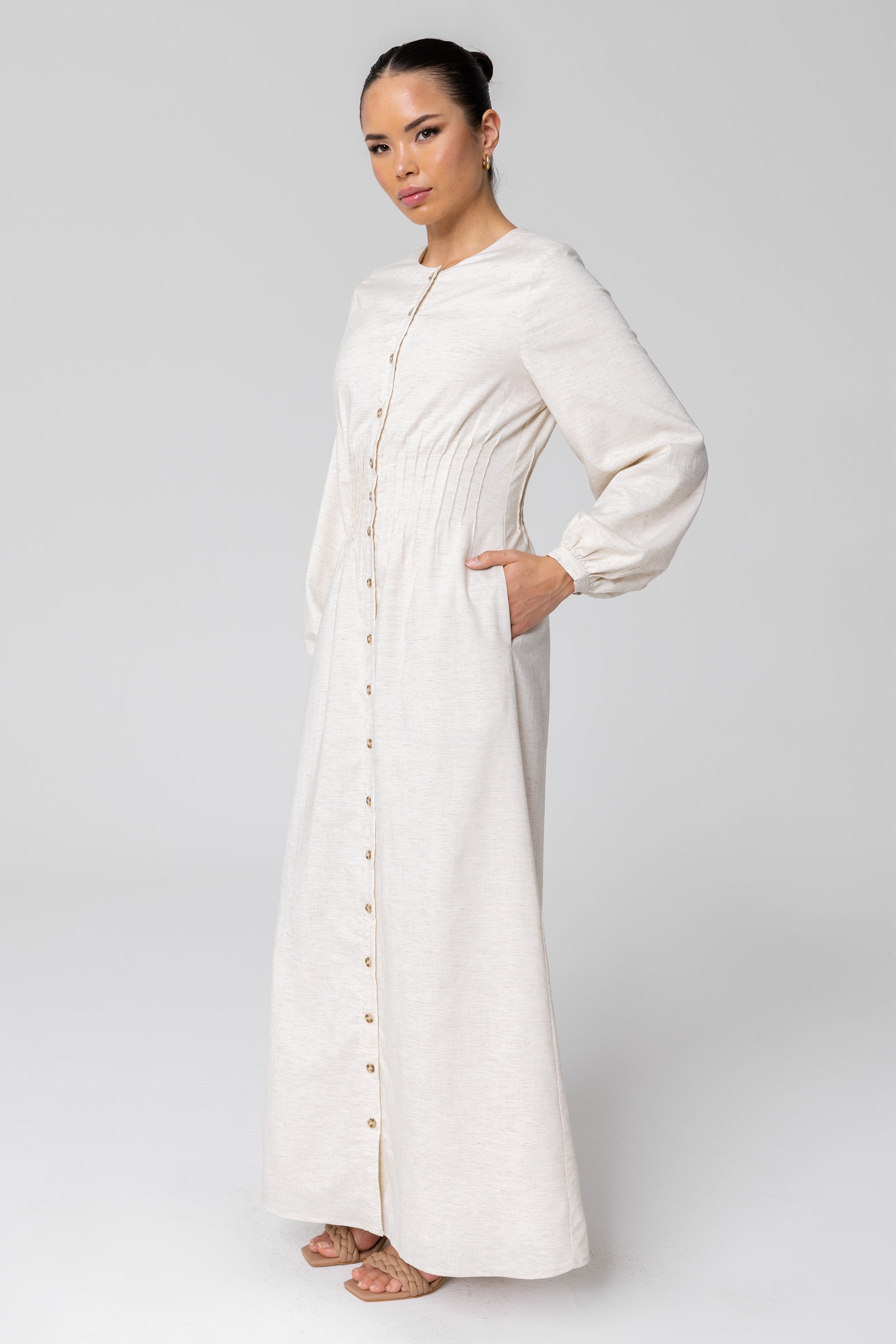 Lila Linen Button Down Maxi Dress - Off White (Light Grey) Veiled 