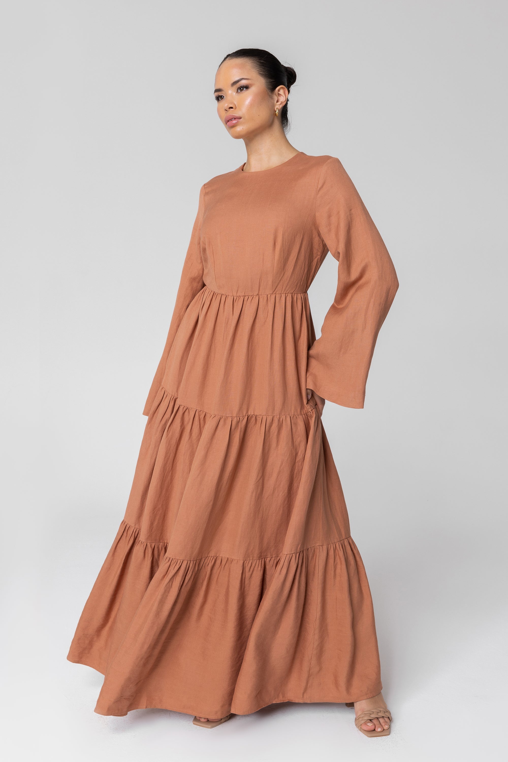 Manar Linen Kimono Sleeve Maxi Dress - Baked Clay Veiled 