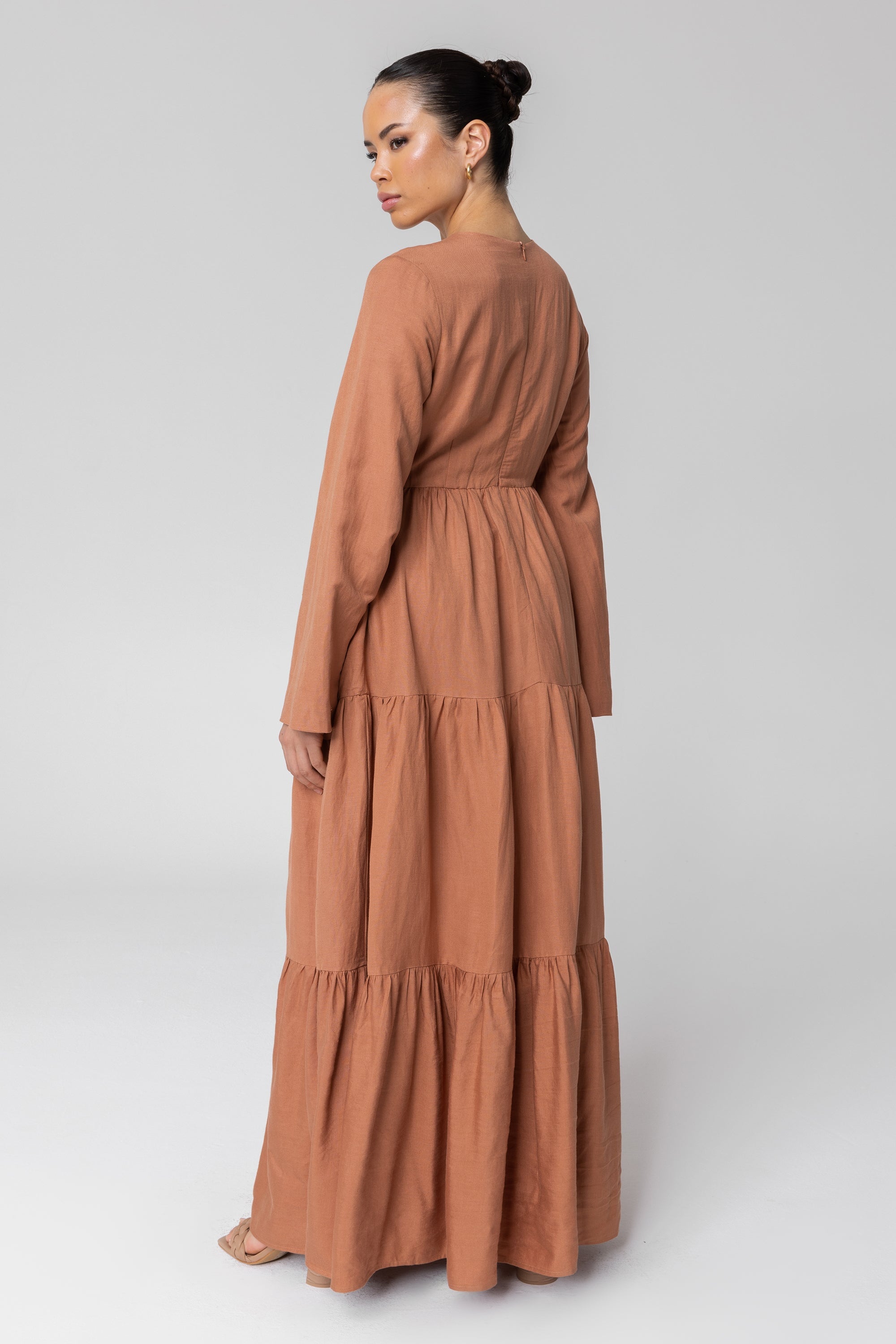 Manar Linen Kimono Sleeve Maxi Dress - Baked Clay Veiled 