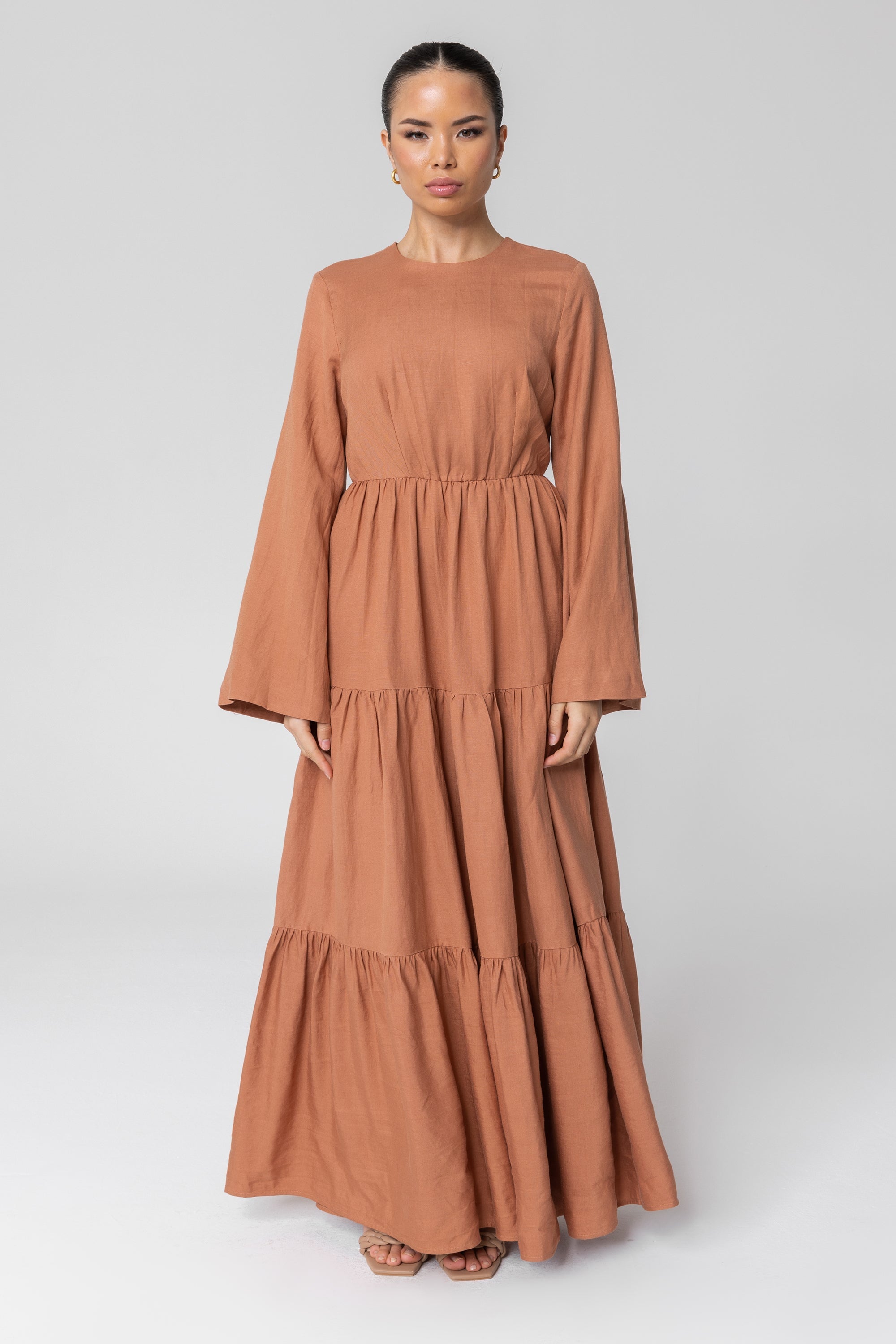 Manar Linen Kimono Sleeve Maxi Dress - Baked Clay Veiled 