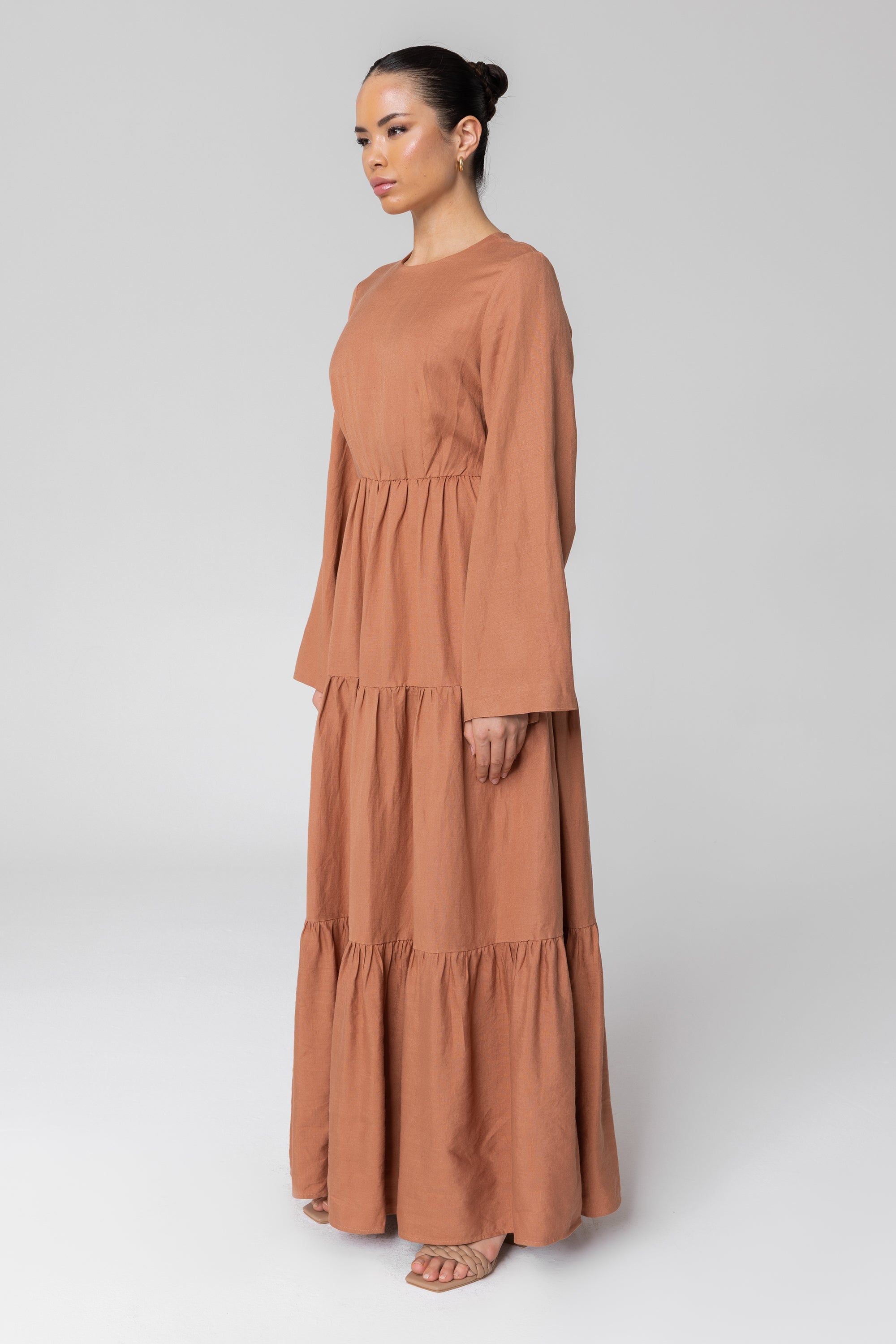 Manar Linen Kimono Sleeve Maxi Dress - Baked Clay Veiled 