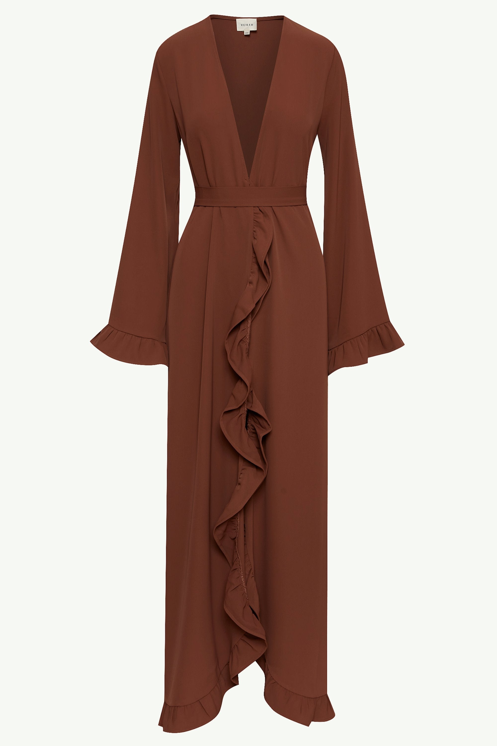 Mariam Ruffle Open Abaya - Chocolate Clothing Veiled 