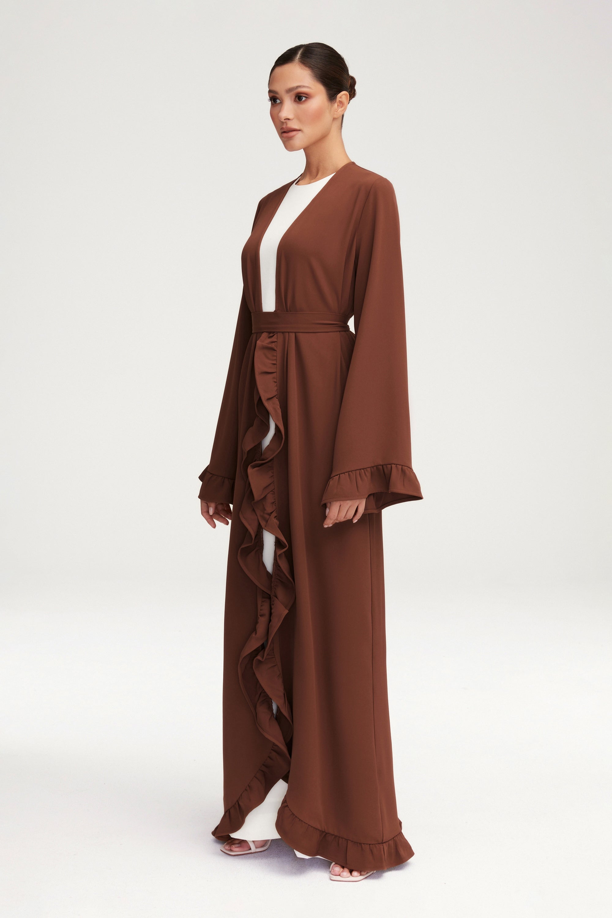 Mariam Ruffle Open Abaya - Chocolate Clothing Veiled 