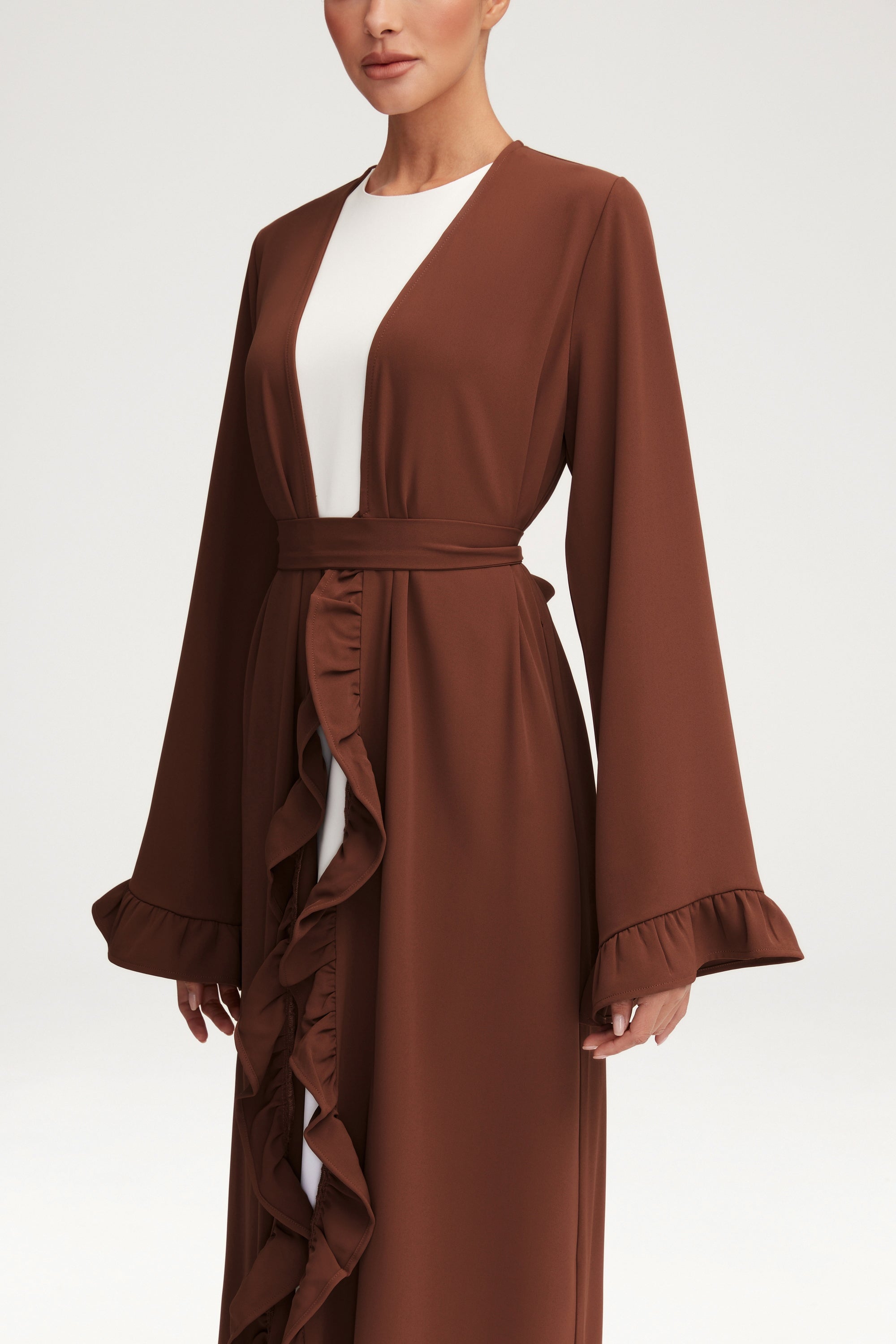 Mariam Ruffle Open Abaya - Chocolate Clothing Veiled 