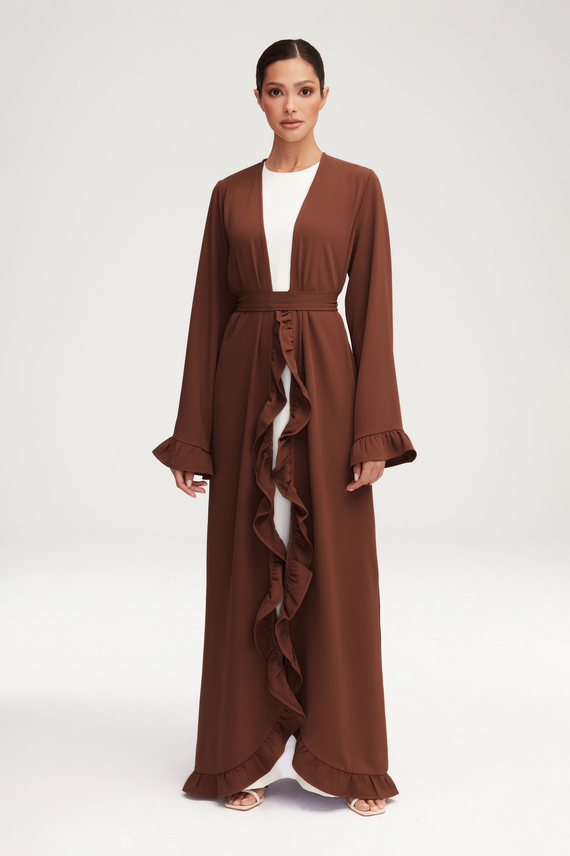 Mariam Ruffle Open Abaya - Chocolate Clothing Veiled 