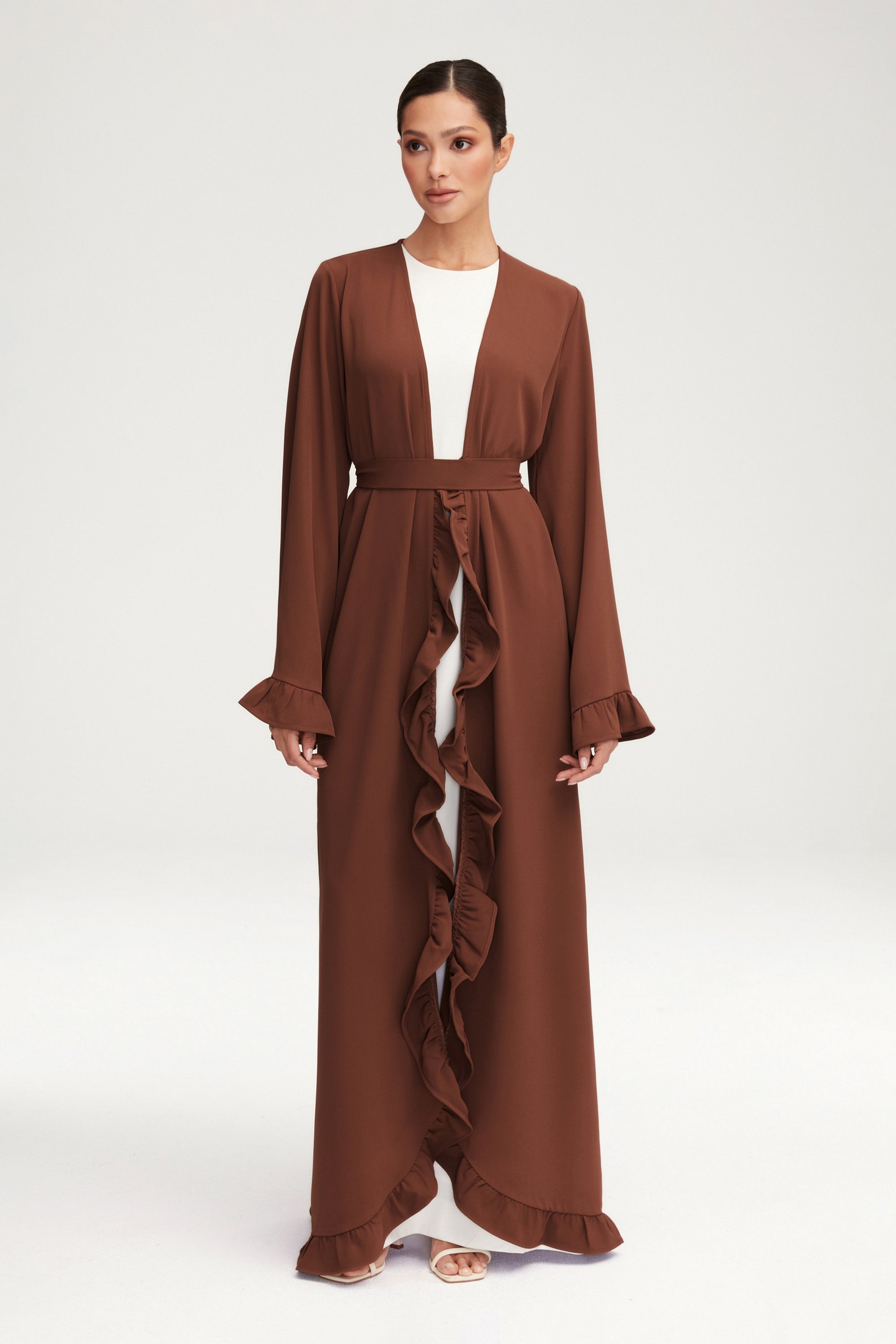 Mariam Ruffle Open Abaya - Chocolate Clothing Veiled 