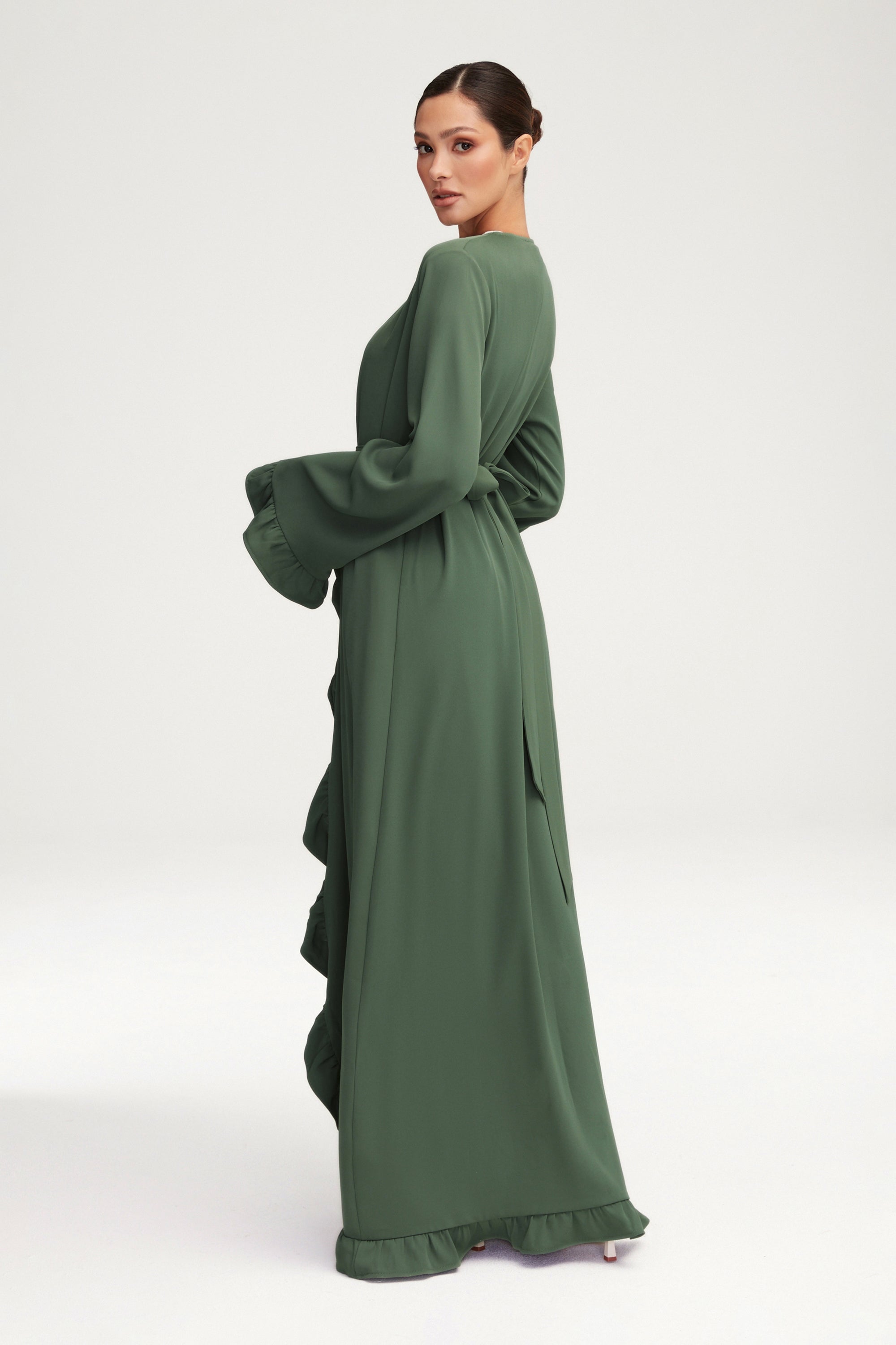 Mariam Ruffle Open Abaya - Dark Forest Clothing Veiled 