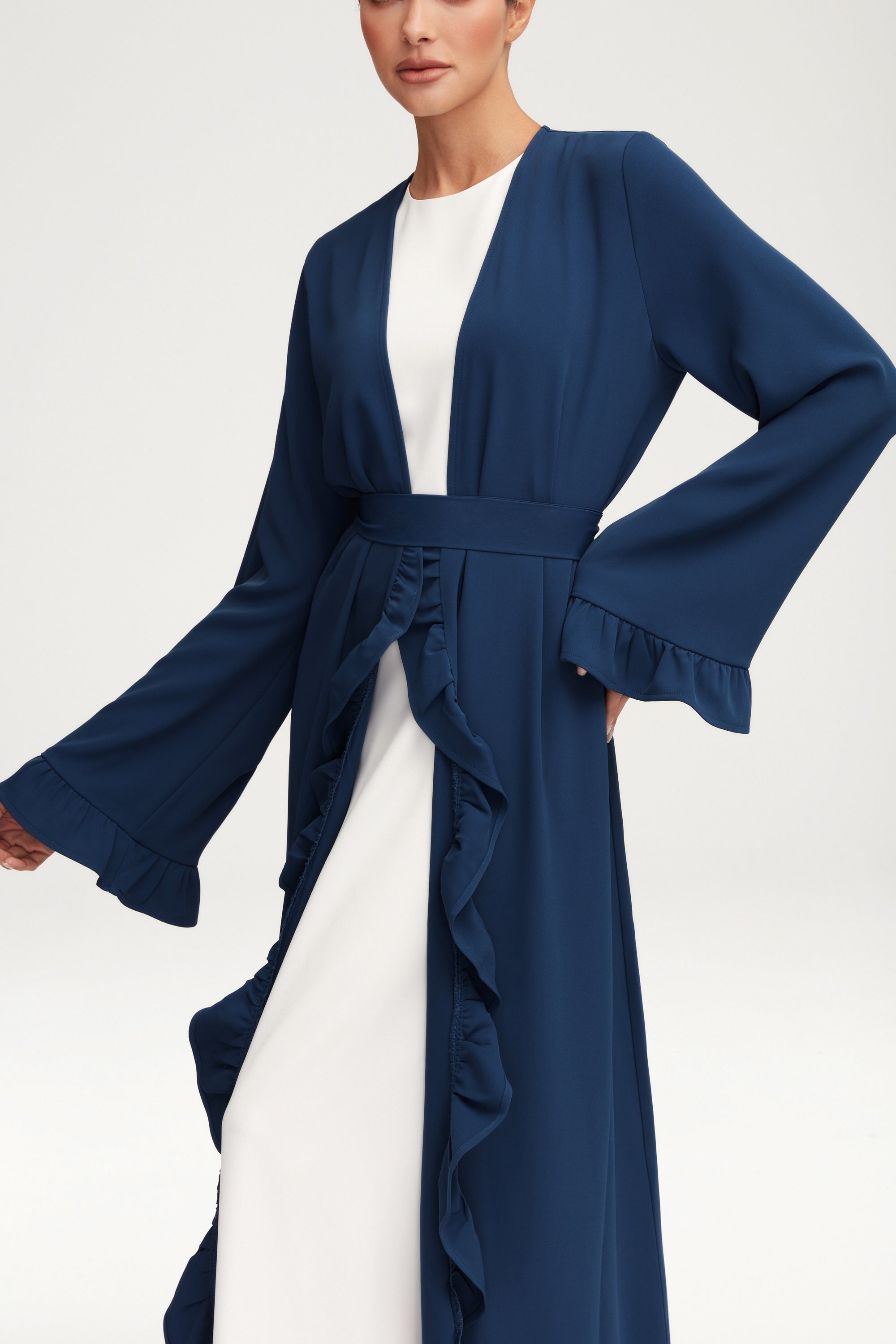 Mariam Ruffle Open Abaya - Midnight Blue Clothing Veiled 