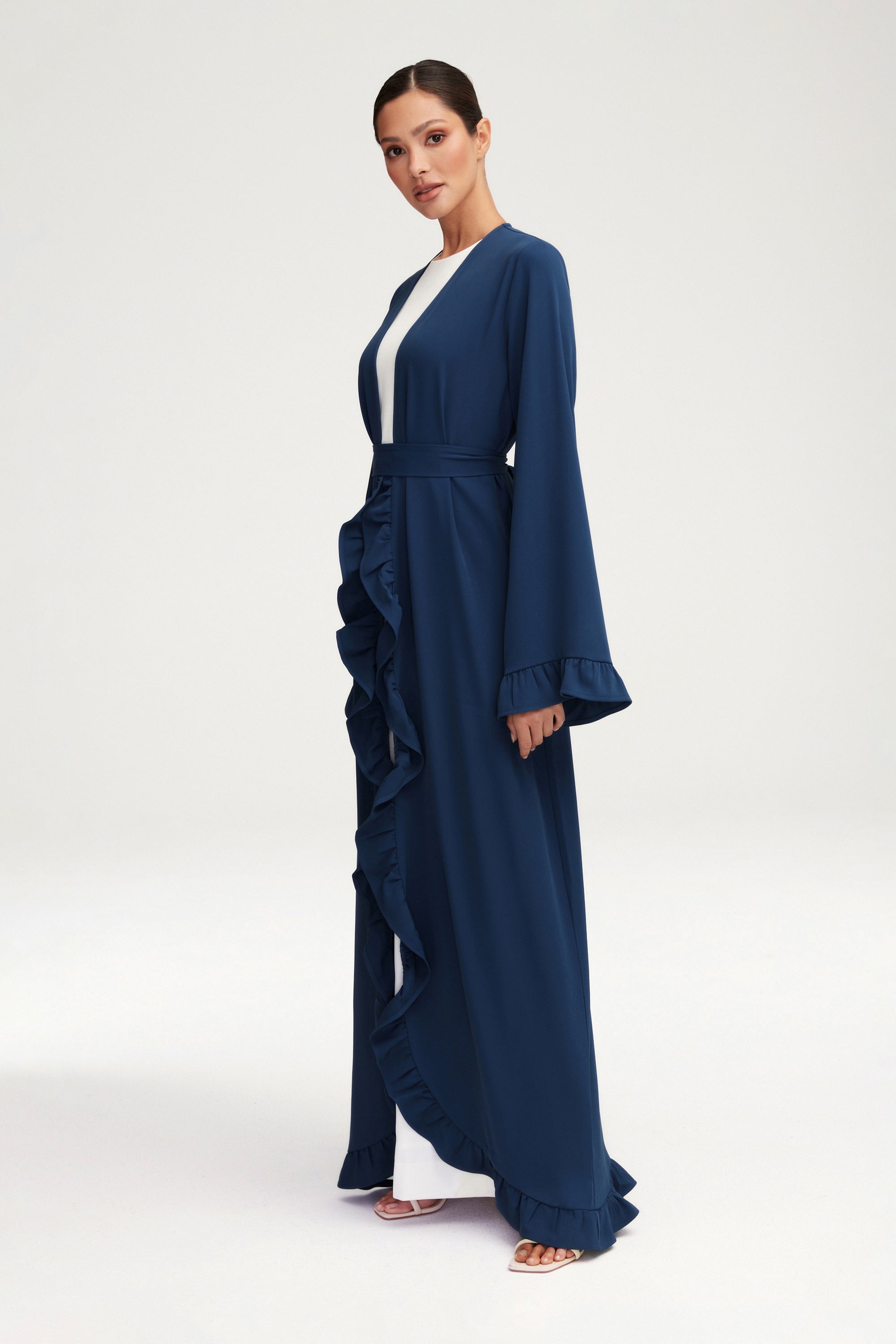 Mariam Ruffle Open Abaya - Midnight Blue Clothing Veiled 