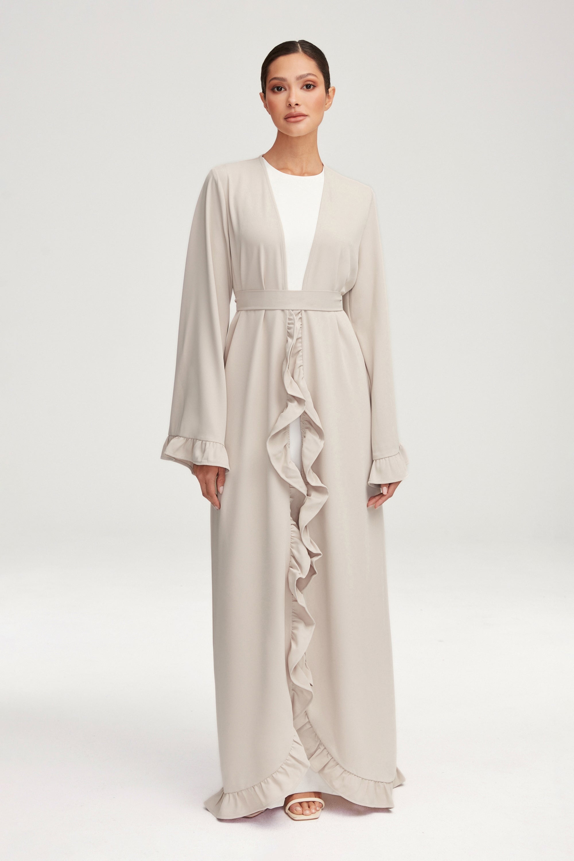 Mariam Ruffle Open Abaya - Stone Clothing Veiled 